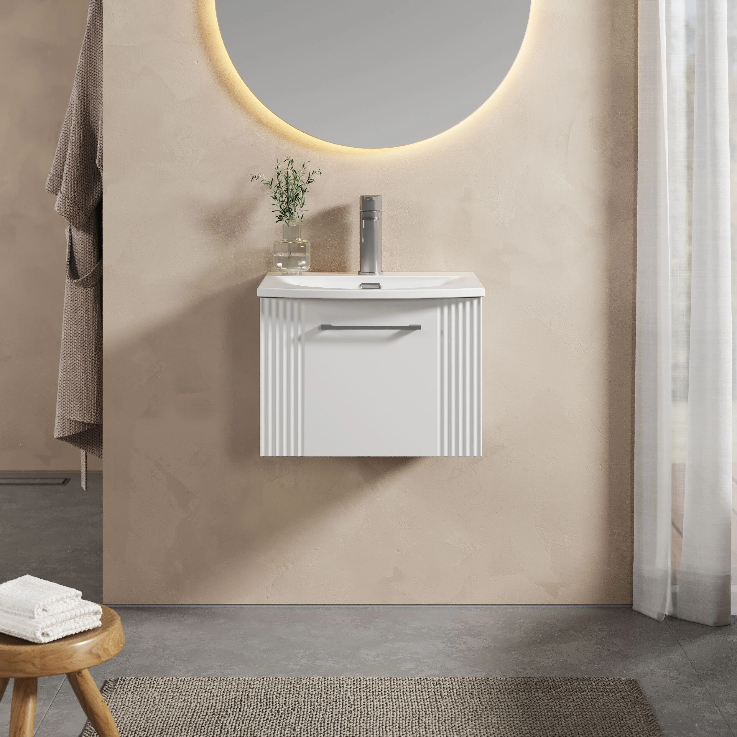 Partial Fluted 1 Drawer Wall Hung Vanity Unit with 1 Tap Hole Curved Basin- 500mm - Satin White - Image 2