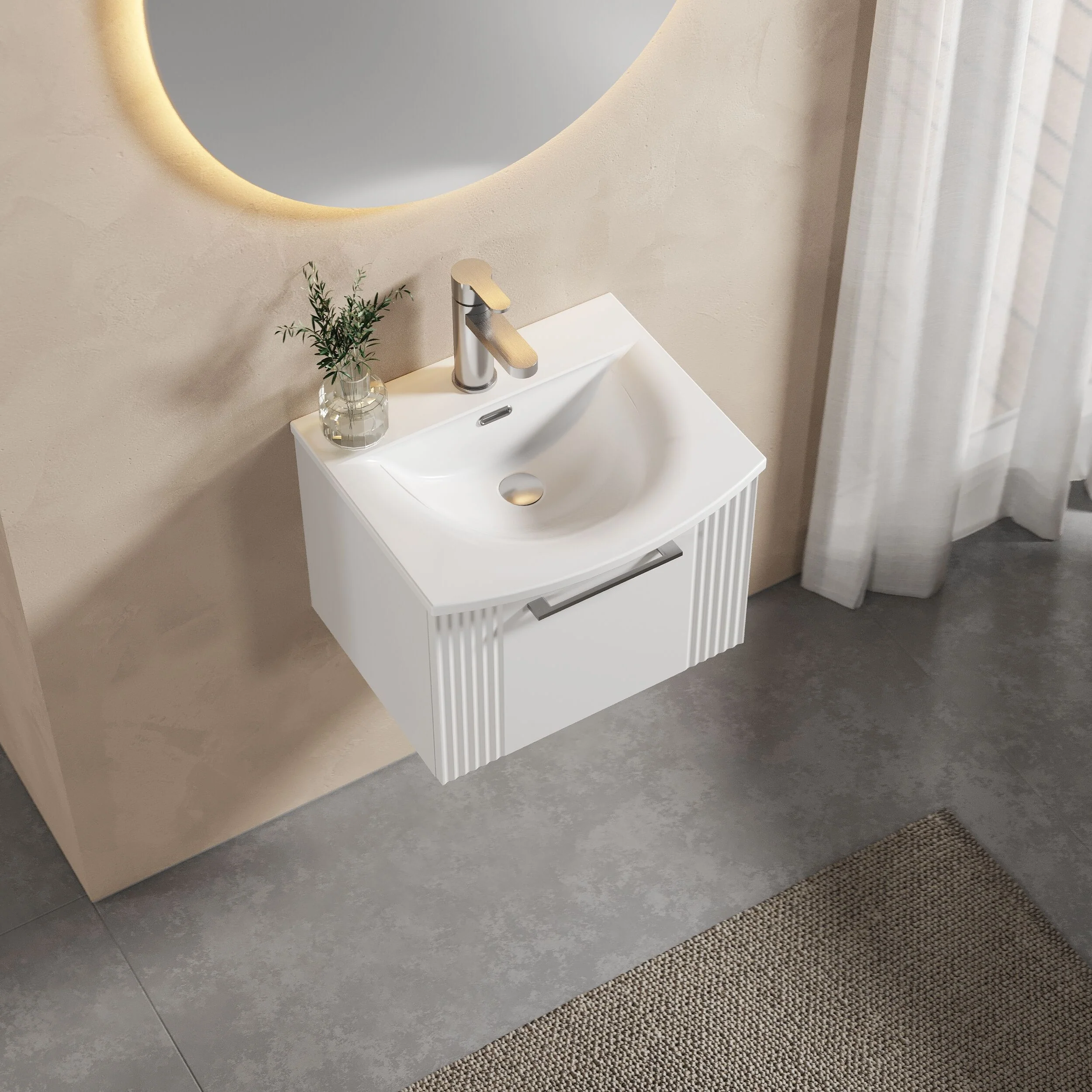 Partial Fluted 1 Drawer Wall Hung Vanity Unit with 1 Tap Hole Curved Basin- 500mm - Satin White - Image 3
