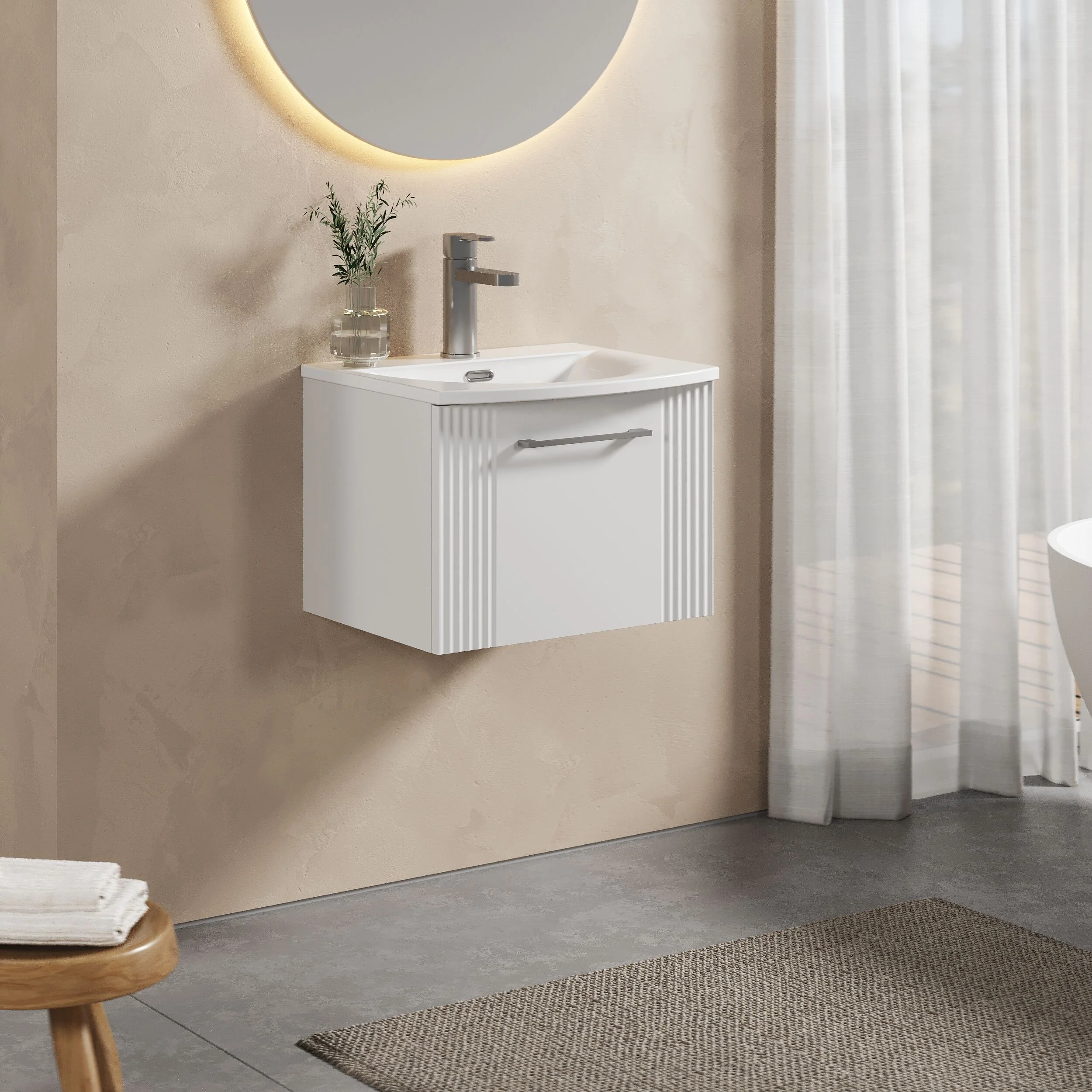 Partial Fluted 1 Drawer Wall Hung Vanity Unit with 1 Tap Hole Curved Basin- 500mm - Satin White - Image 4