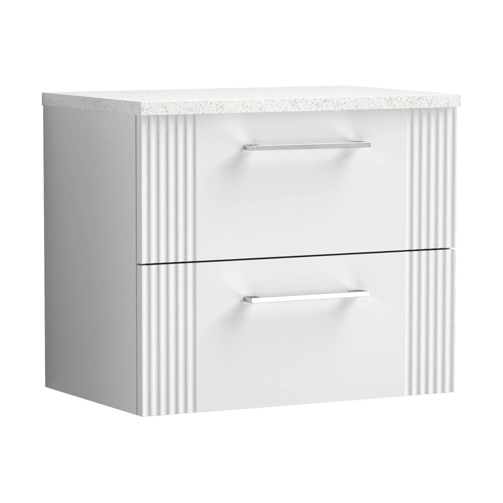 Partial Fluted 2 Drawer Wall Hung Vanity Unit with Sparkling White Laminate Worktop - 600mm - Satin White