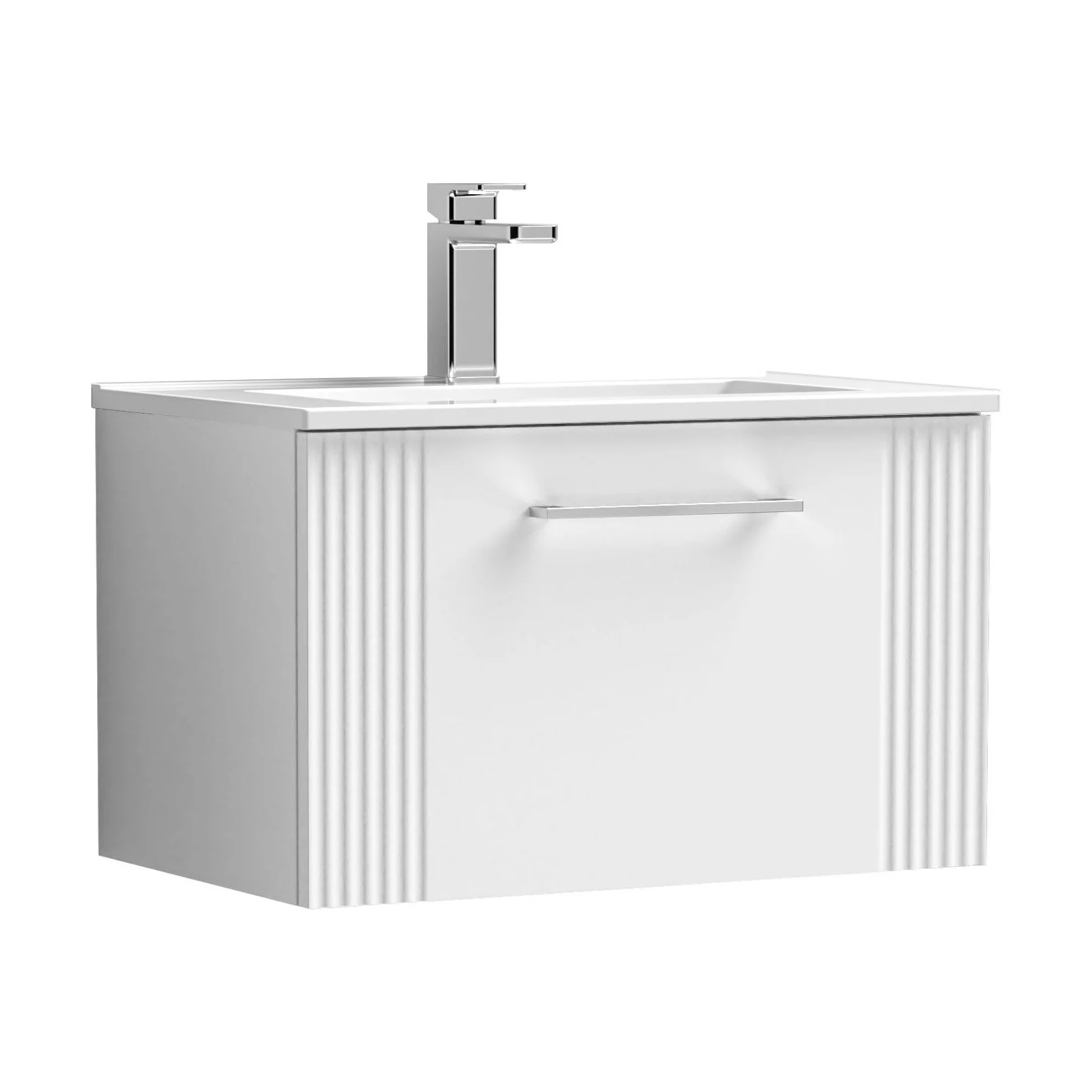 Partial Fluted 1 Drawer Wall Hung Vanity Unit with 1 Tap Hole Minimalist Basin - 600mm - Satin White
