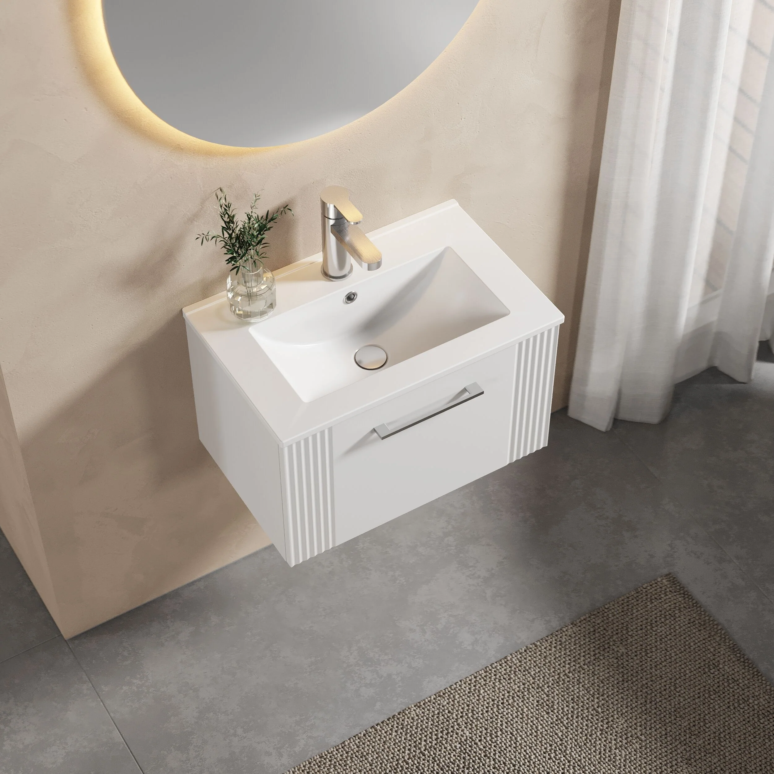 Partial Fluted 1 Drawer Wall Hung Vanity Unit with 1 Tap Hole Minimalist Basin - 600mm - Satin White - Image 3