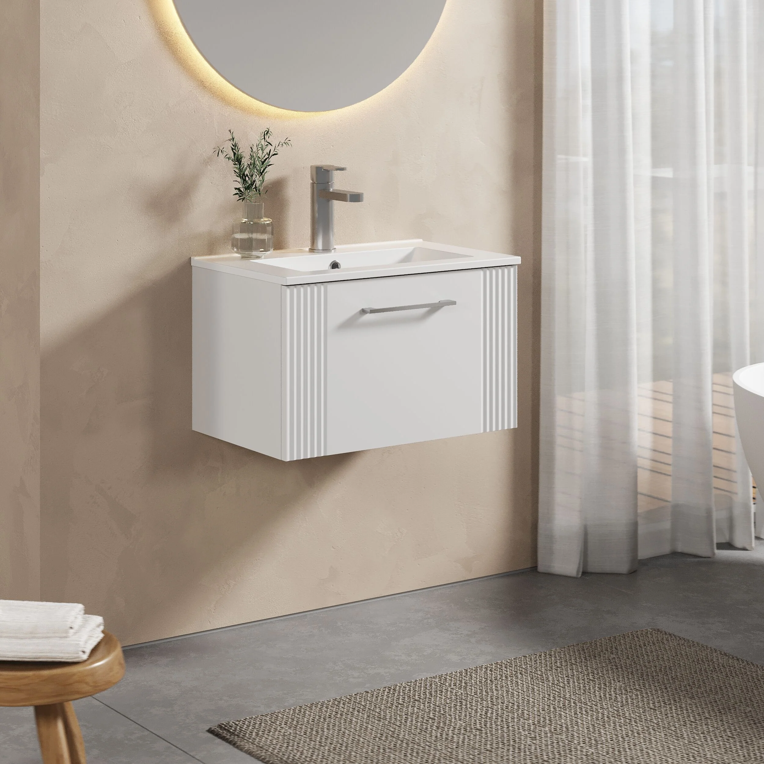 Partial Fluted 1 Drawer Wall Hung Vanity Unit with 1 Tap Hole Minimalist Basin - 600mm - Satin White - Image 4