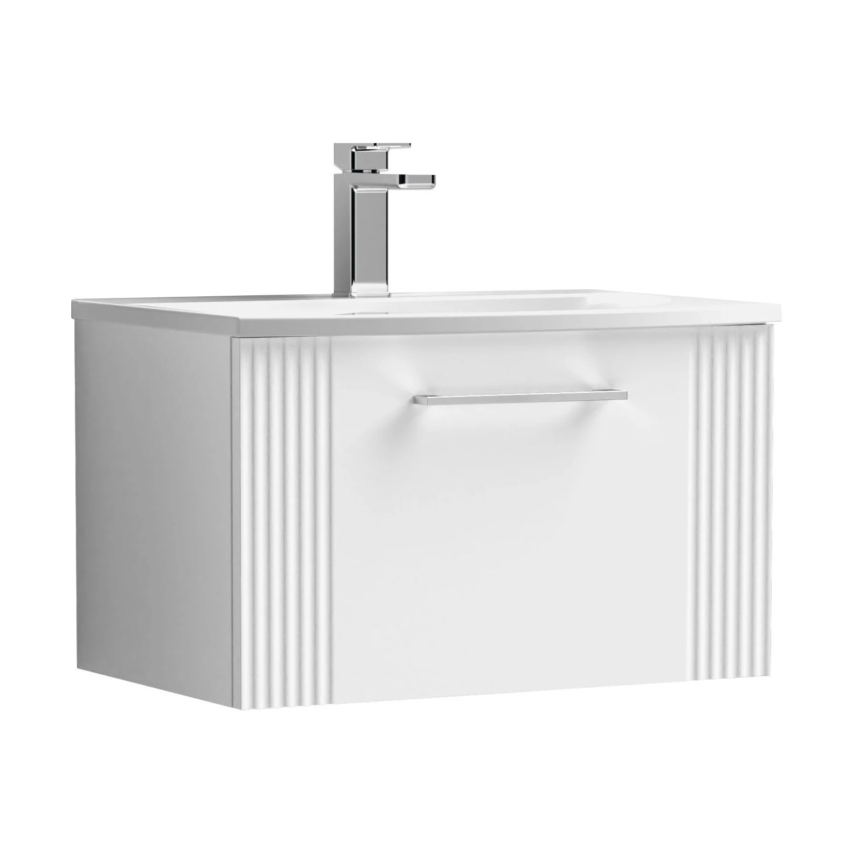 Partial Fluted 1 Drawer Wall Hung Vanity Unit with 1 Tap Hole Curved Basin- 600mm - Satin White