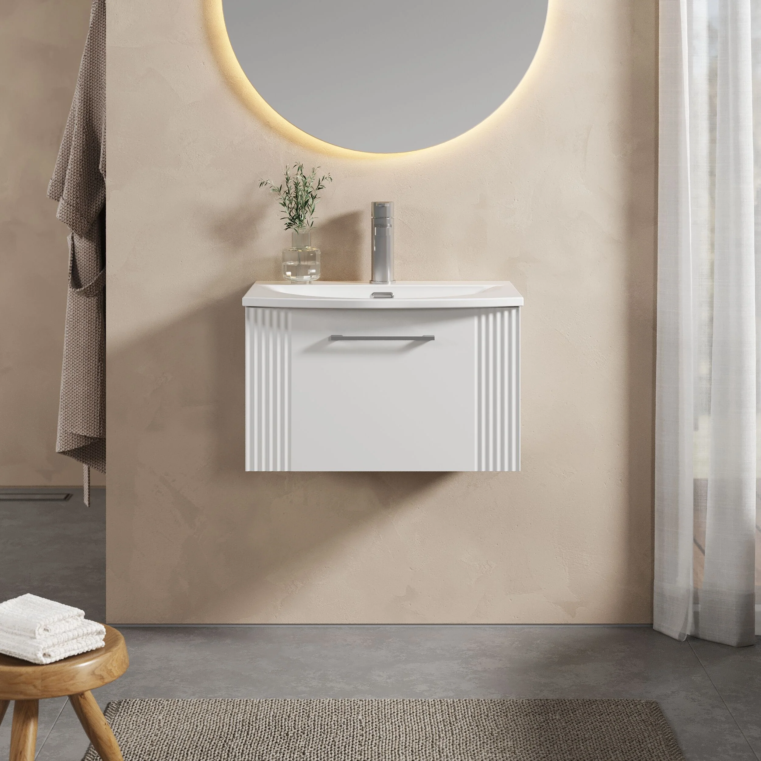 Partial Fluted 1 Drawer Wall Hung Vanity Unit with 1 Tap Hole Curved Basin- 600mm - Satin White - Image 2