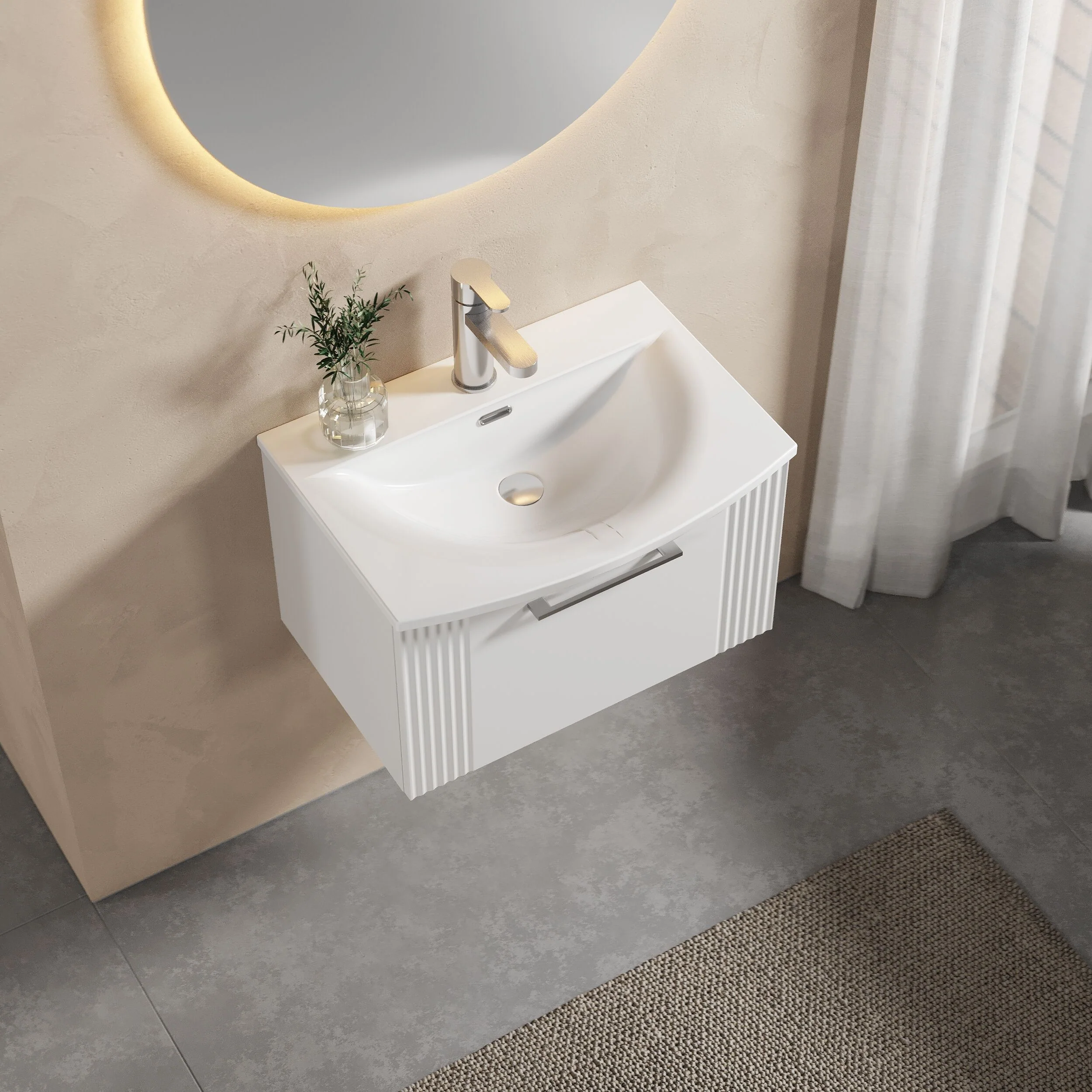 Partial Fluted 1 Drawer Wall Hung Vanity Unit with 1 Tap Hole Curved Basin- 600mm - Satin White - Image 3