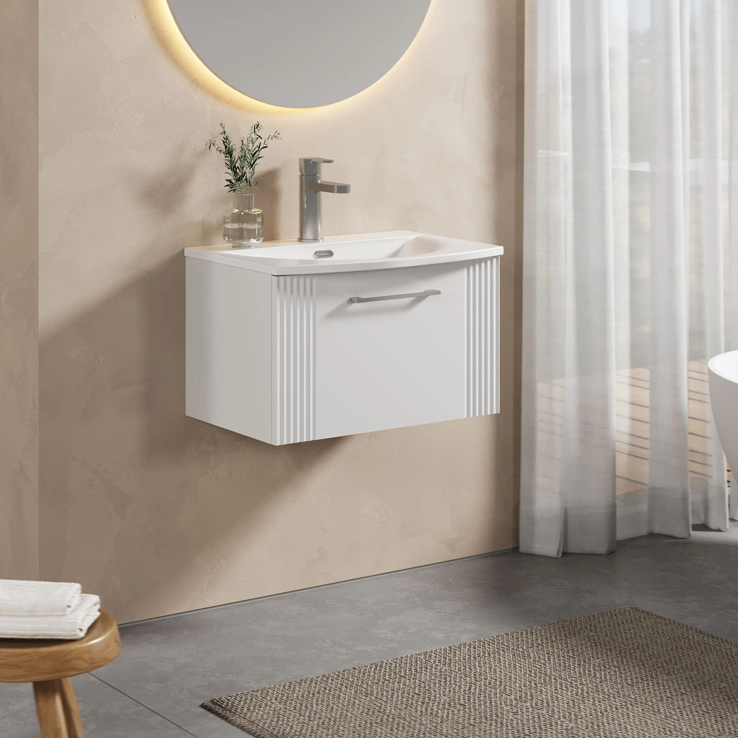 Partial Fluted 1 Drawer Wall Hung Vanity Unit with 1 Tap Hole Curved Basin- 600mm - Satin White - Image 4