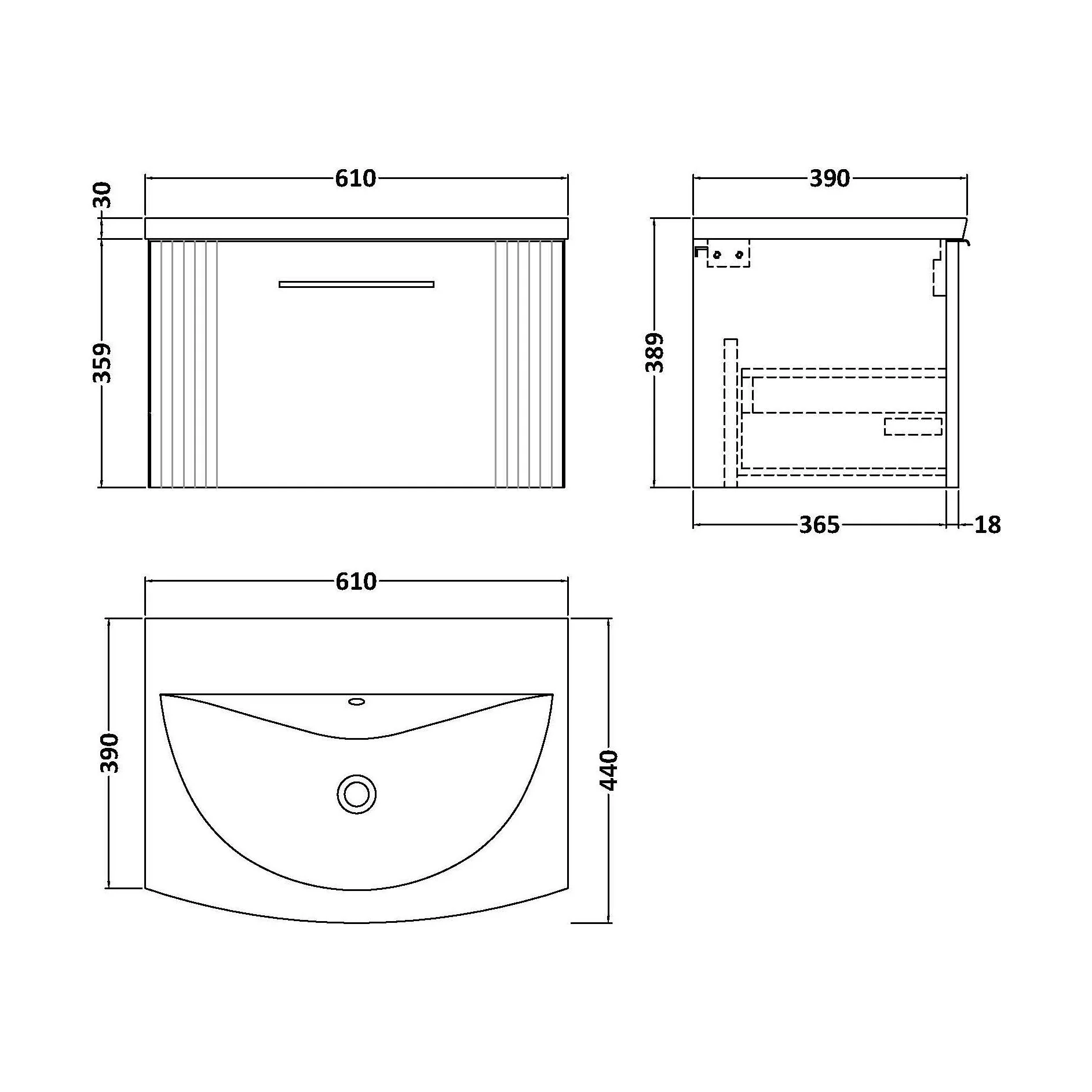 Partial Fluted 1 Drawer Wall Hung Vanity Unit with 1 Tap Hole Curved Basin- 600mm - Satin White - Image 5