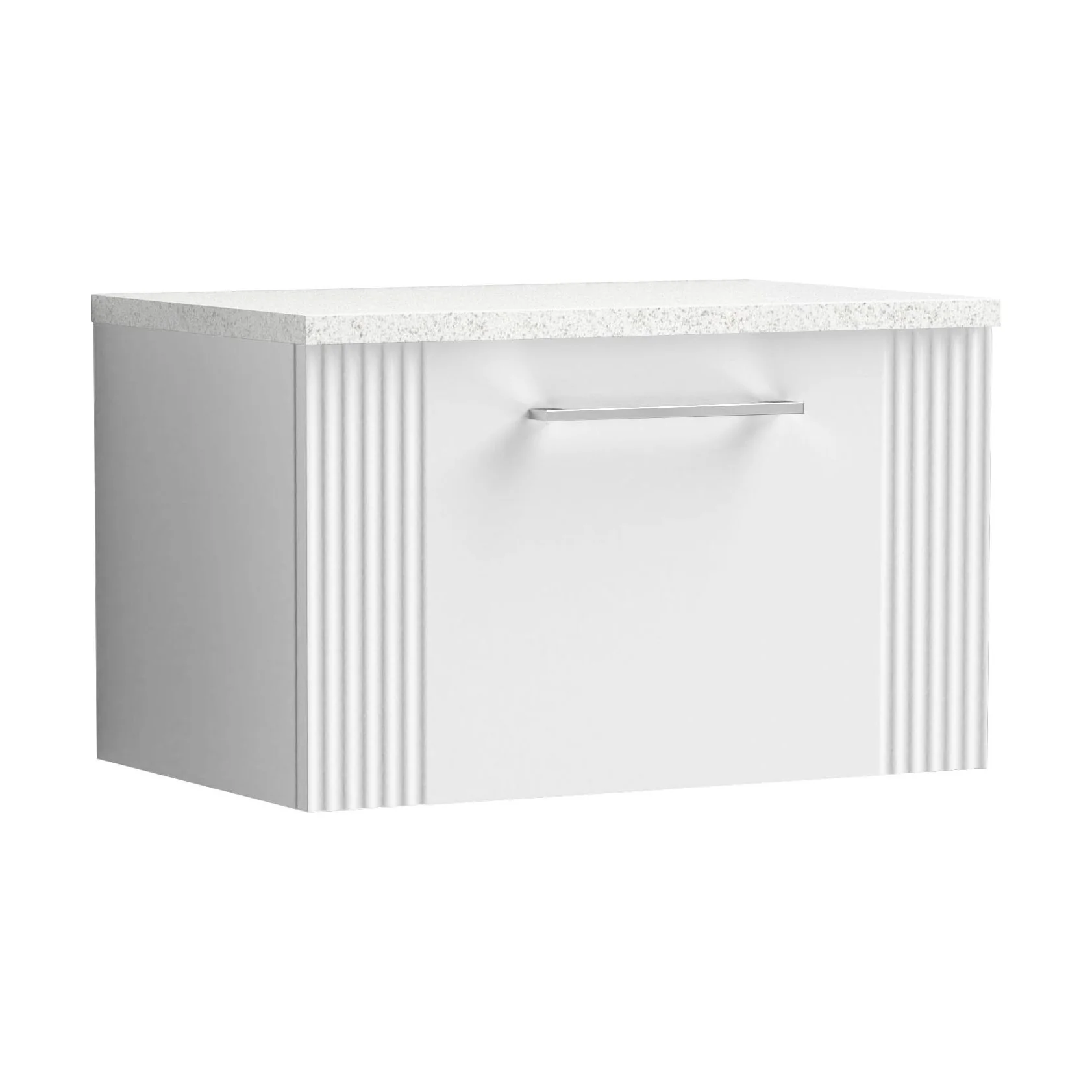 Partial Fluted 1 Drawer Wall Hung Vanity Unit with Sparkling White Laminate Worktop - 600mm - Satin White