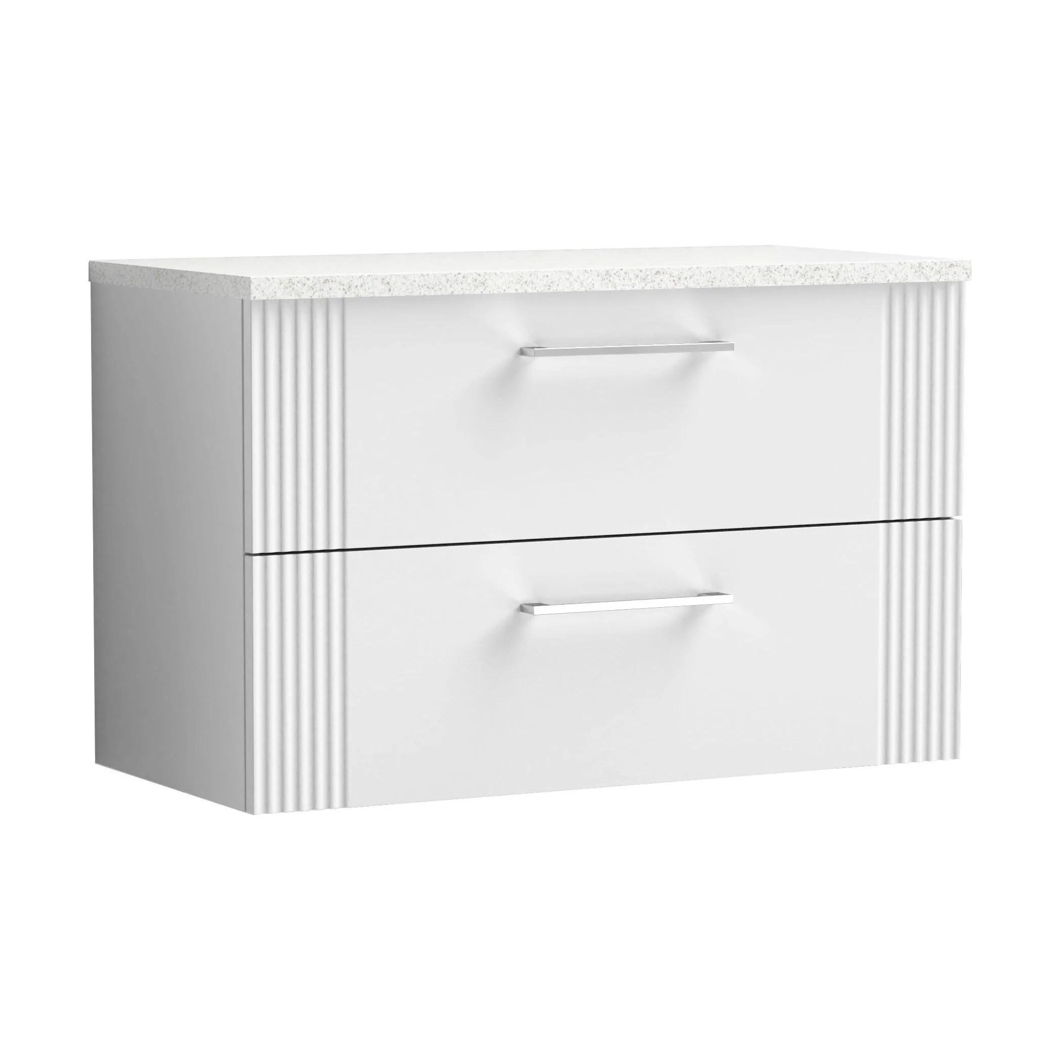 Partial Fluted 2 Drawer Wall Hung Vanity Unit with Sparkling White Laminate Worktop - 800mm - Satin White