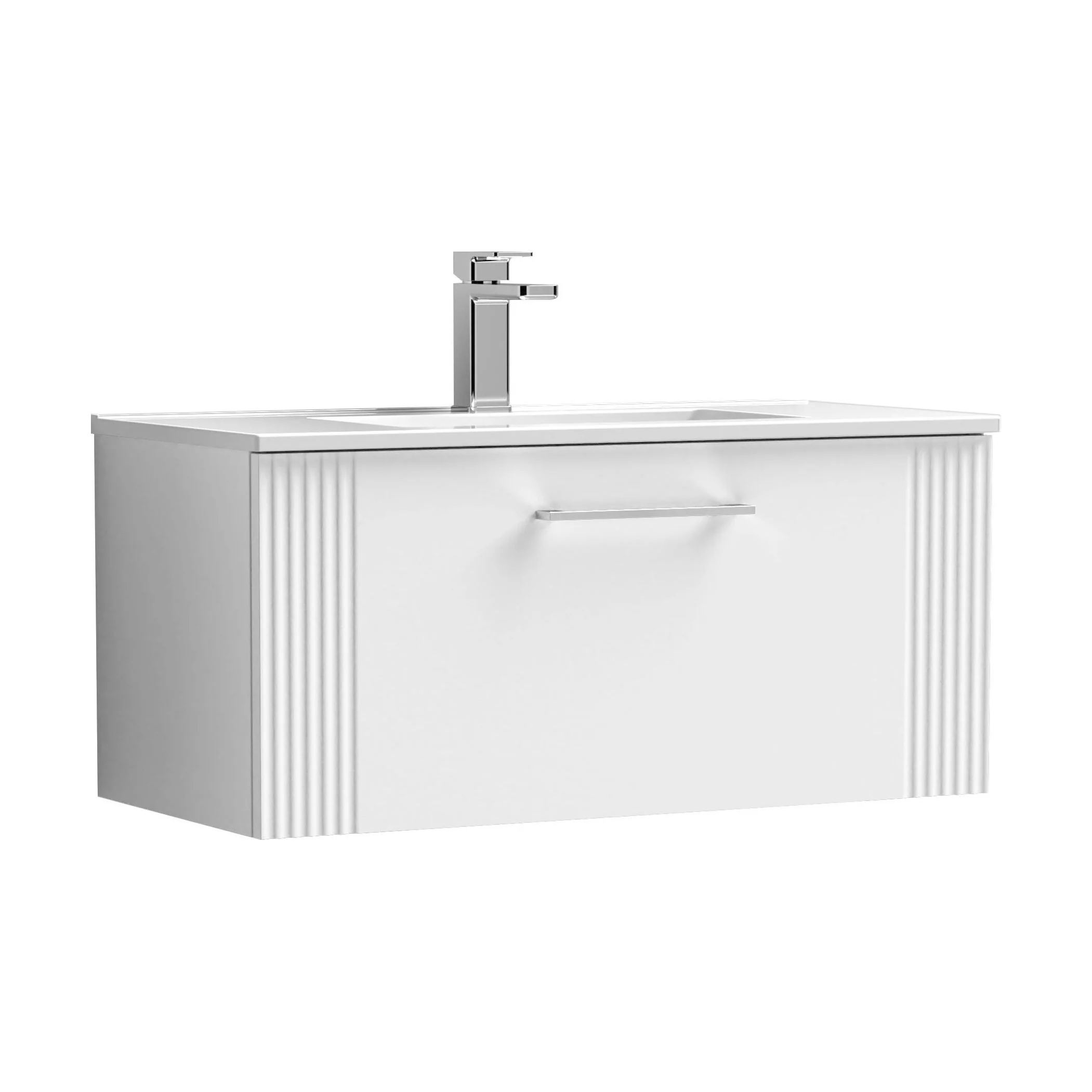 Partial Fluted 1 Drawer Wall Hung Vanity Unit with 1 Tap Hole Minimalist Basin - 800mm - Satin White
