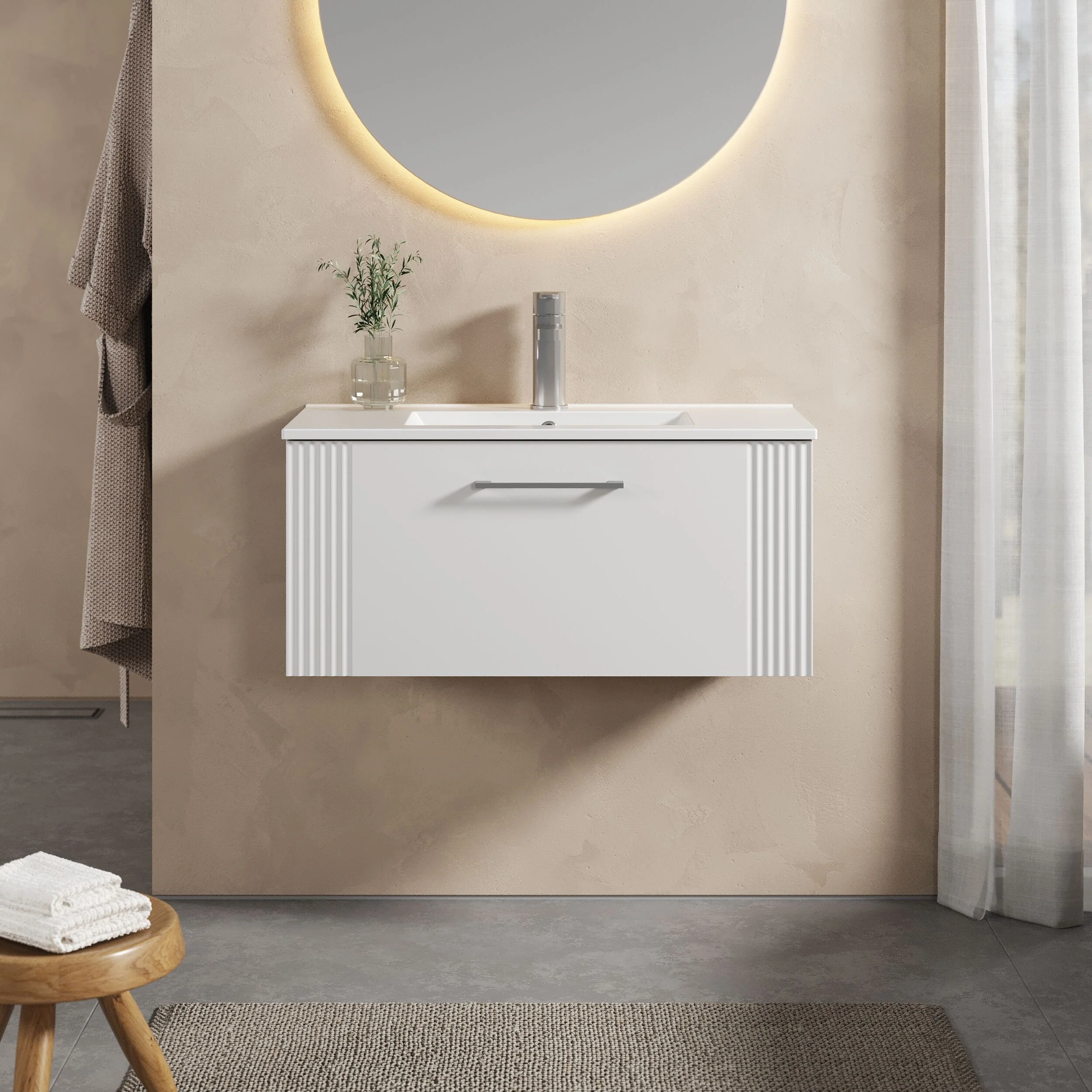 Partial Fluted 1 Drawer Wall Hung Vanity Unit with 1 Tap Hole Minimalist Basin - 800mm - Satin White - Image 2