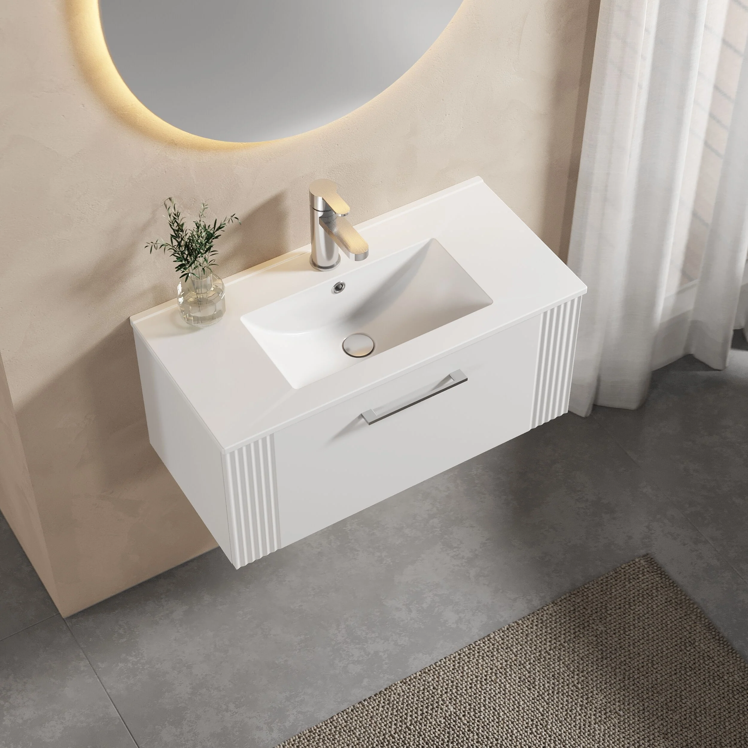 Partial Fluted 1 Drawer Wall Hung Vanity Unit with 1 Tap Hole Minimalist Basin - 800mm - Satin White - Image 3