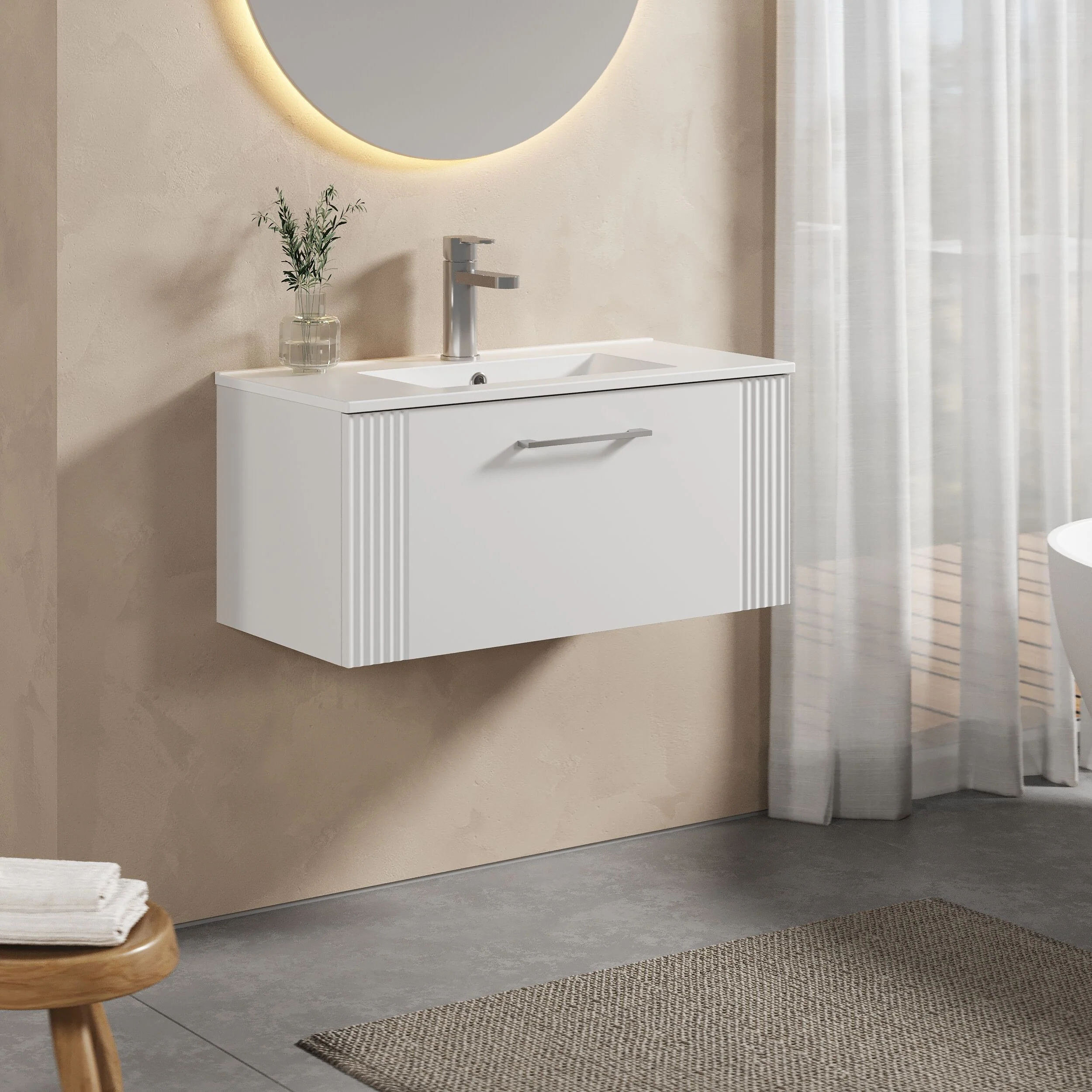 Partial Fluted 1 Drawer Wall Hung Vanity Unit with 1 Tap Hole Minimalist Basin - 800mm - Satin White - Image 4