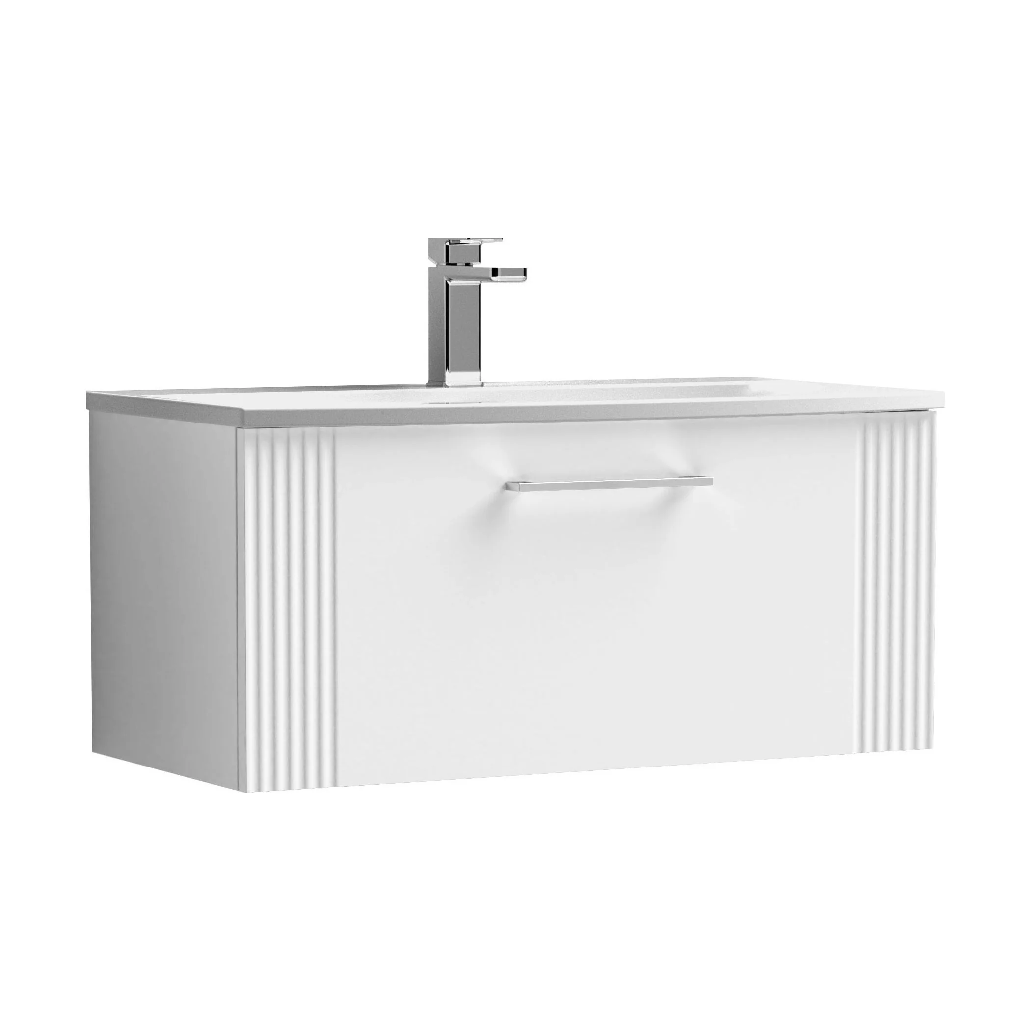 Partial Fluted 1 Drawer Wall Hung Vanity Unit with 1 Tap Hole Curved Basin- 800mm - Satin White