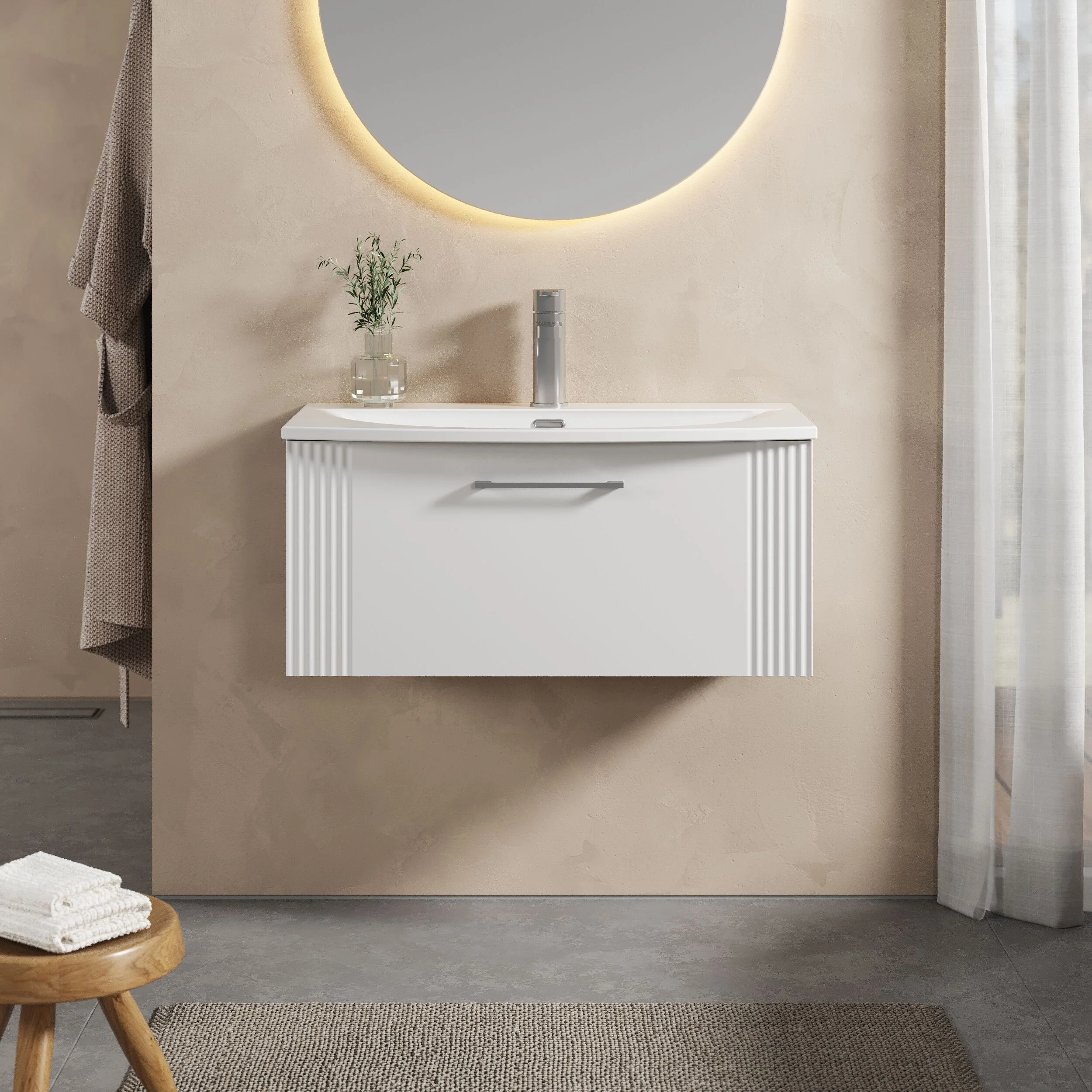 Partial Fluted 1 Drawer Wall Hung Vanity Unit with 1 Tap Hole Curved Basin- 800mm - Satin White - Image 2