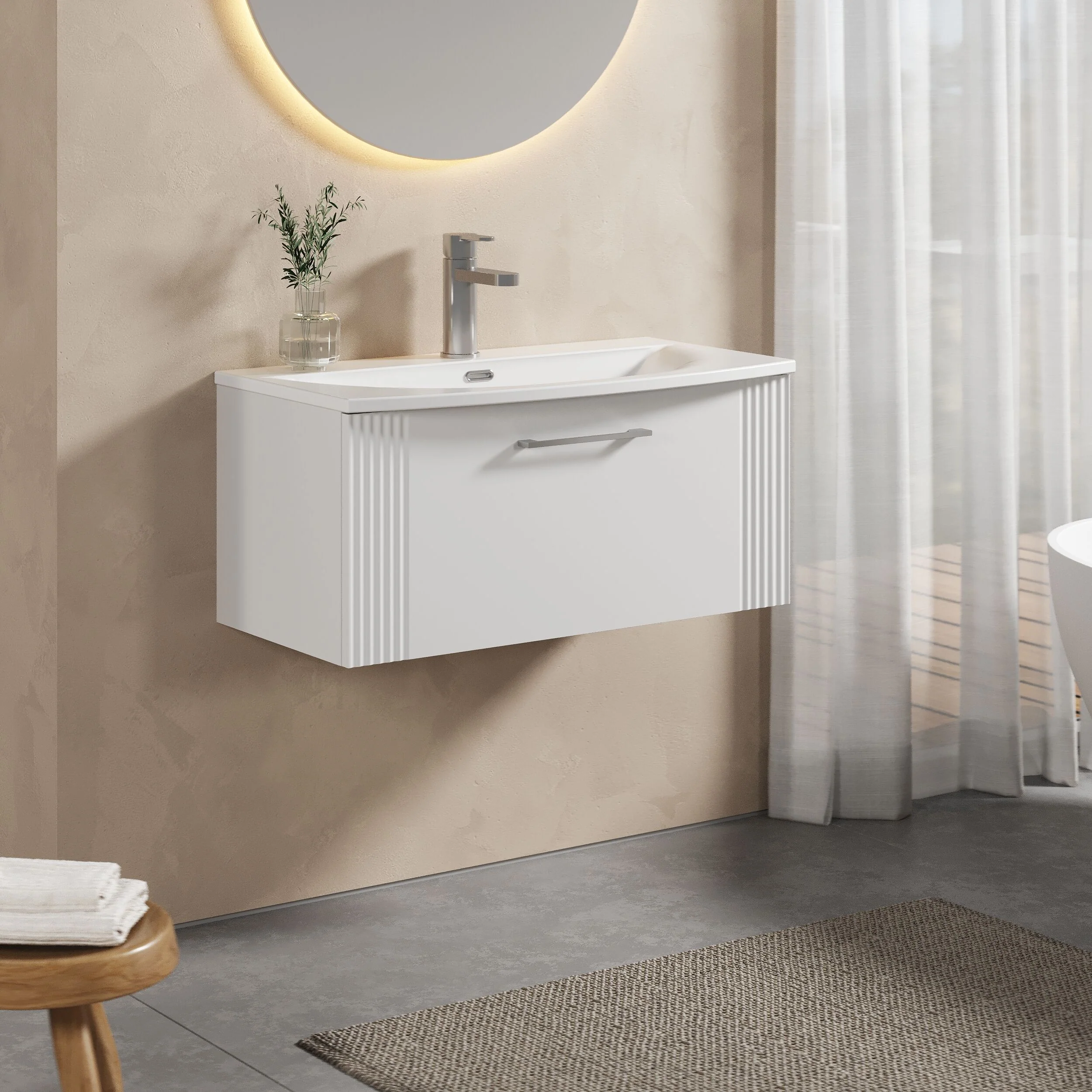 Partial Fluted 1 Drawer Wall Hung Vanity Unit with 1 Tap Hole Curved Basin- 800mm - Satin White - Image 4