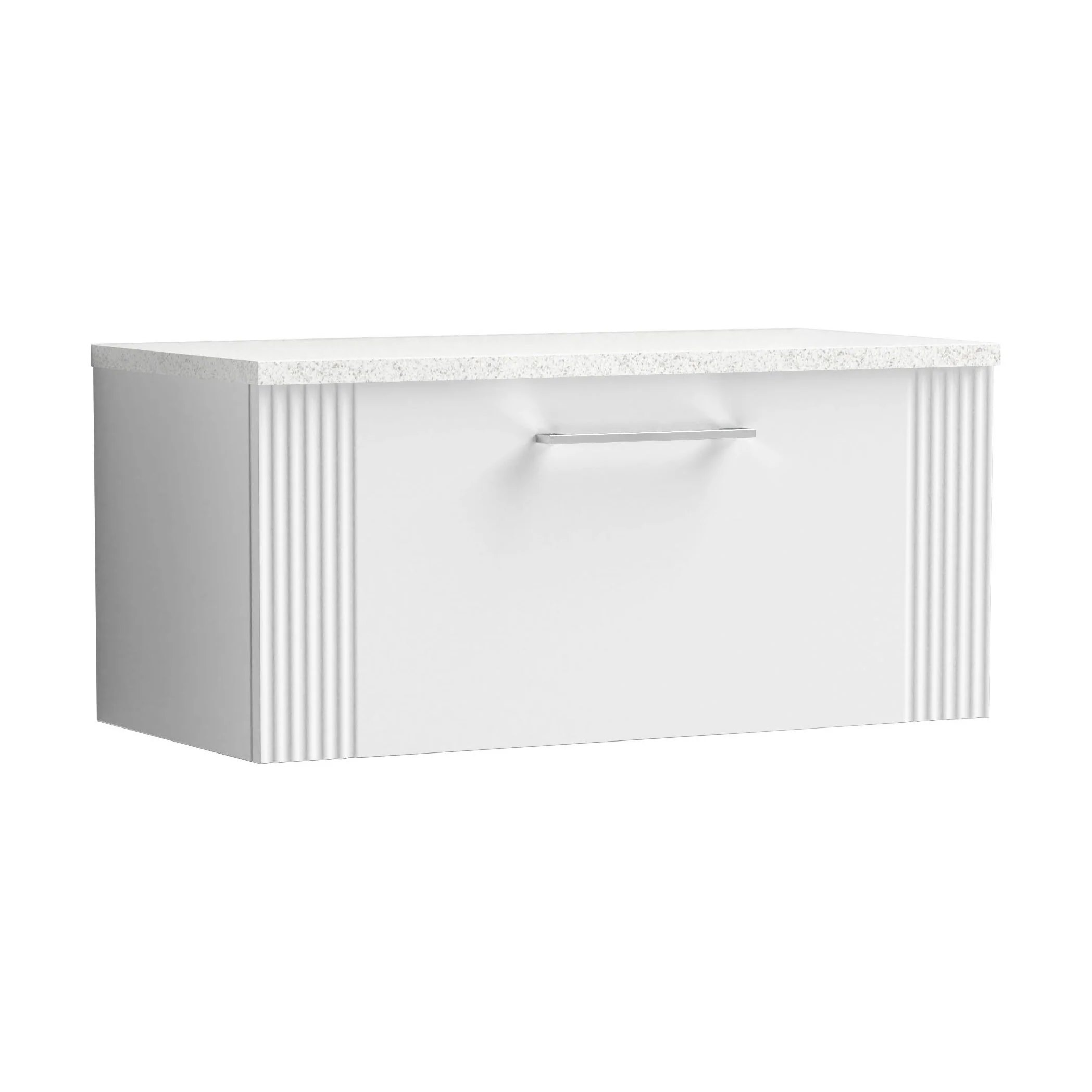 Partial Fluted 1 Drawer Wall Hung Vanity Unit with Sparkling White Laminate Worktop - 800mm - Satin White