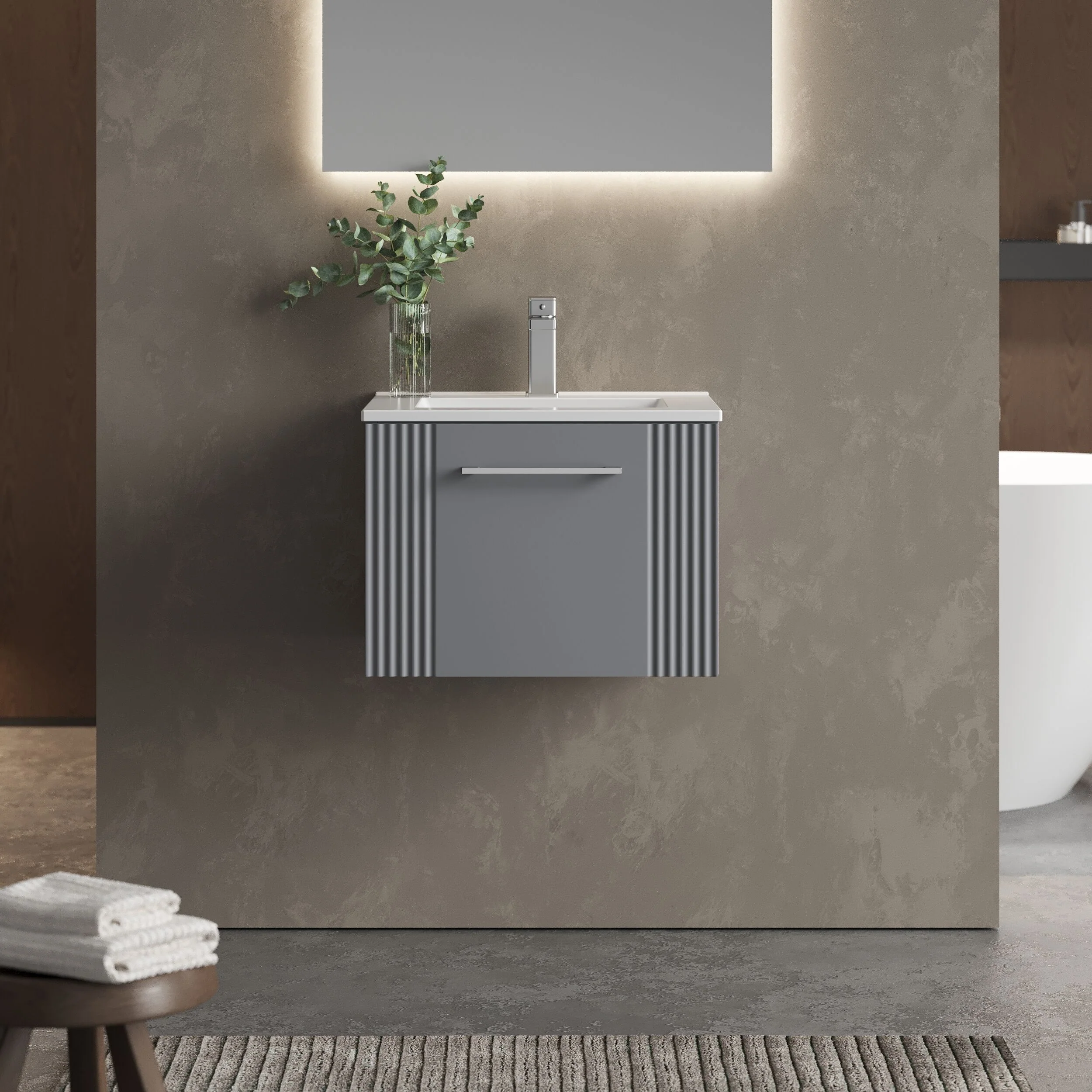 Partial Fluted 1 Drawer Wall Hung Vanity Unit with 1 Tap Hole Minimalist Basin - 500mm - Satin Grey - Image 2