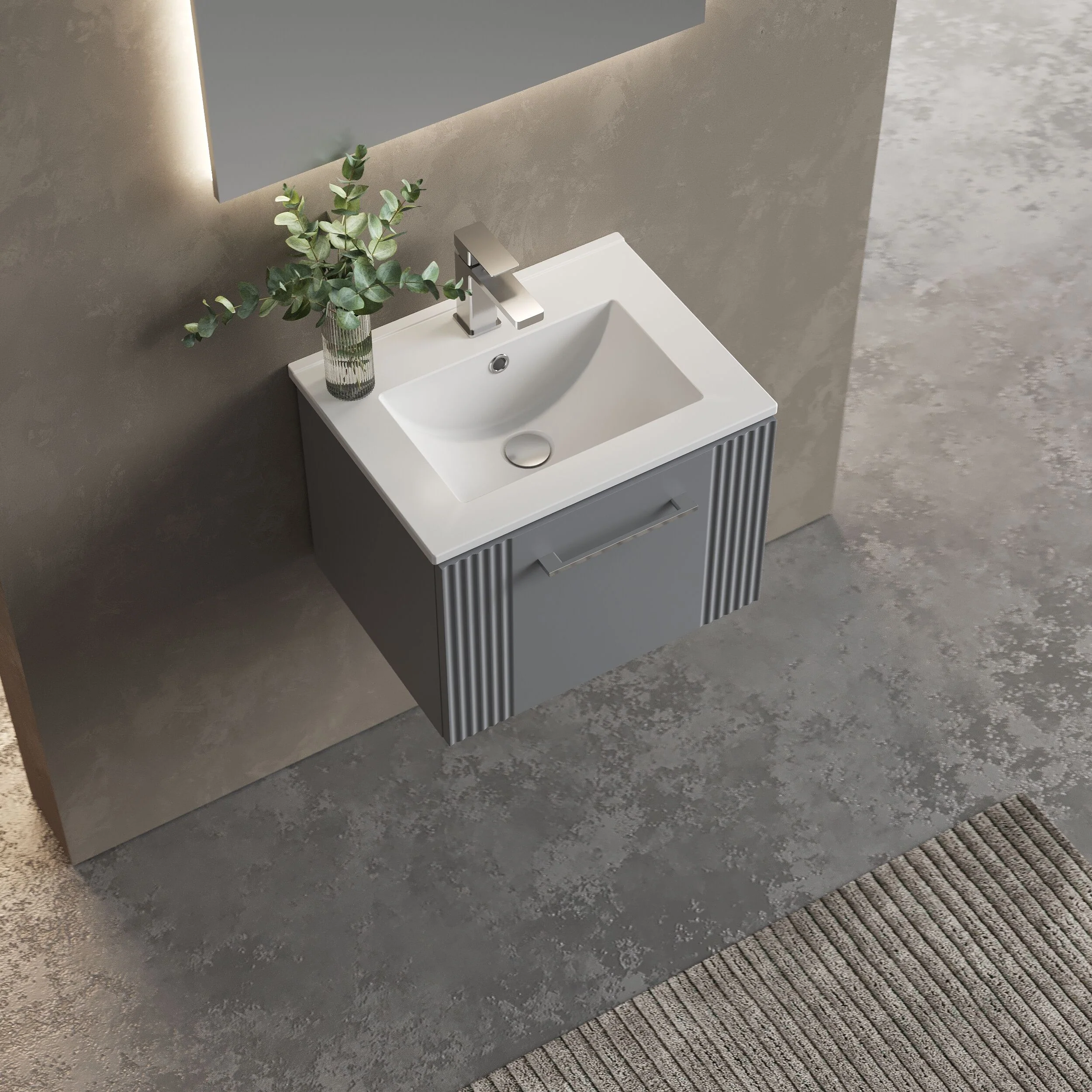 Partial Fluted 1 Drawer Wall Hung Vanity Unit with 1 Tap Hole Minimalist Basin - 500mm - Satin Grey - Image 3