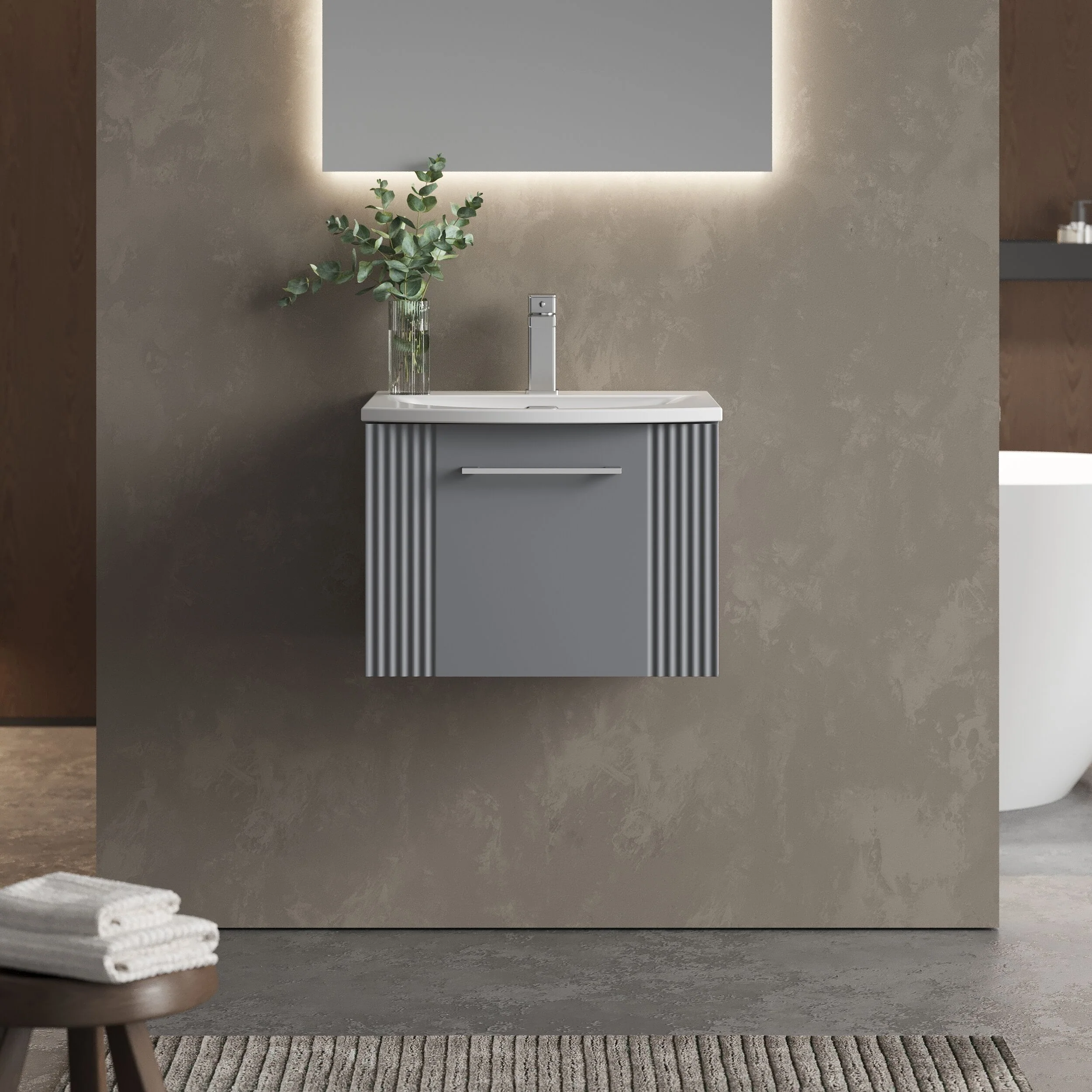 Partial Fluted 1 Drawer Wall Hung Vanity Unit with 1 Tap Hole Curved Basin- 500mm - Satin Grey - Image 2