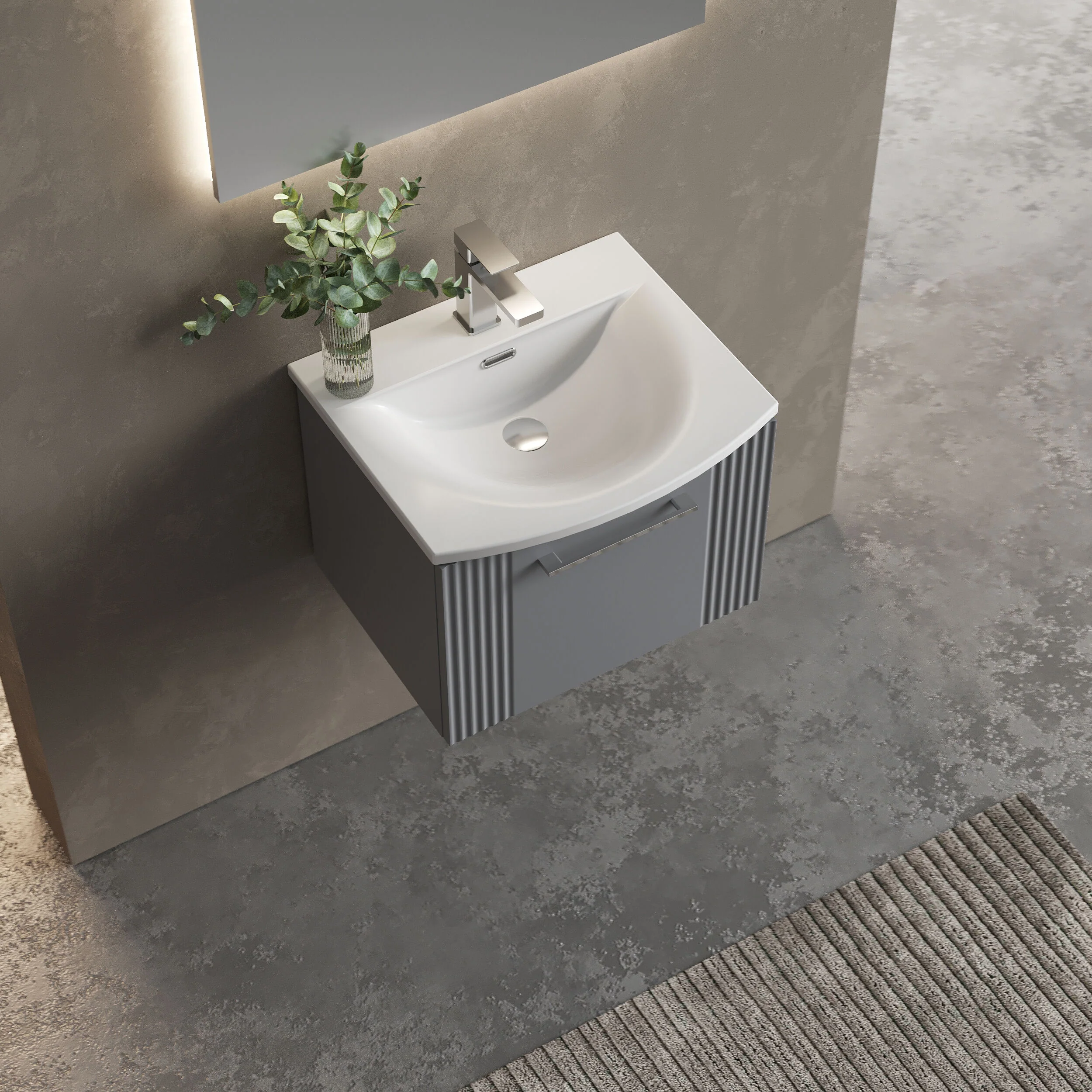 Partial Fluted 1 Drawer Wall Hung Vanity Unit with 1 Tap Hole Curved Basin- 500mm - Satin Grey - Image 3