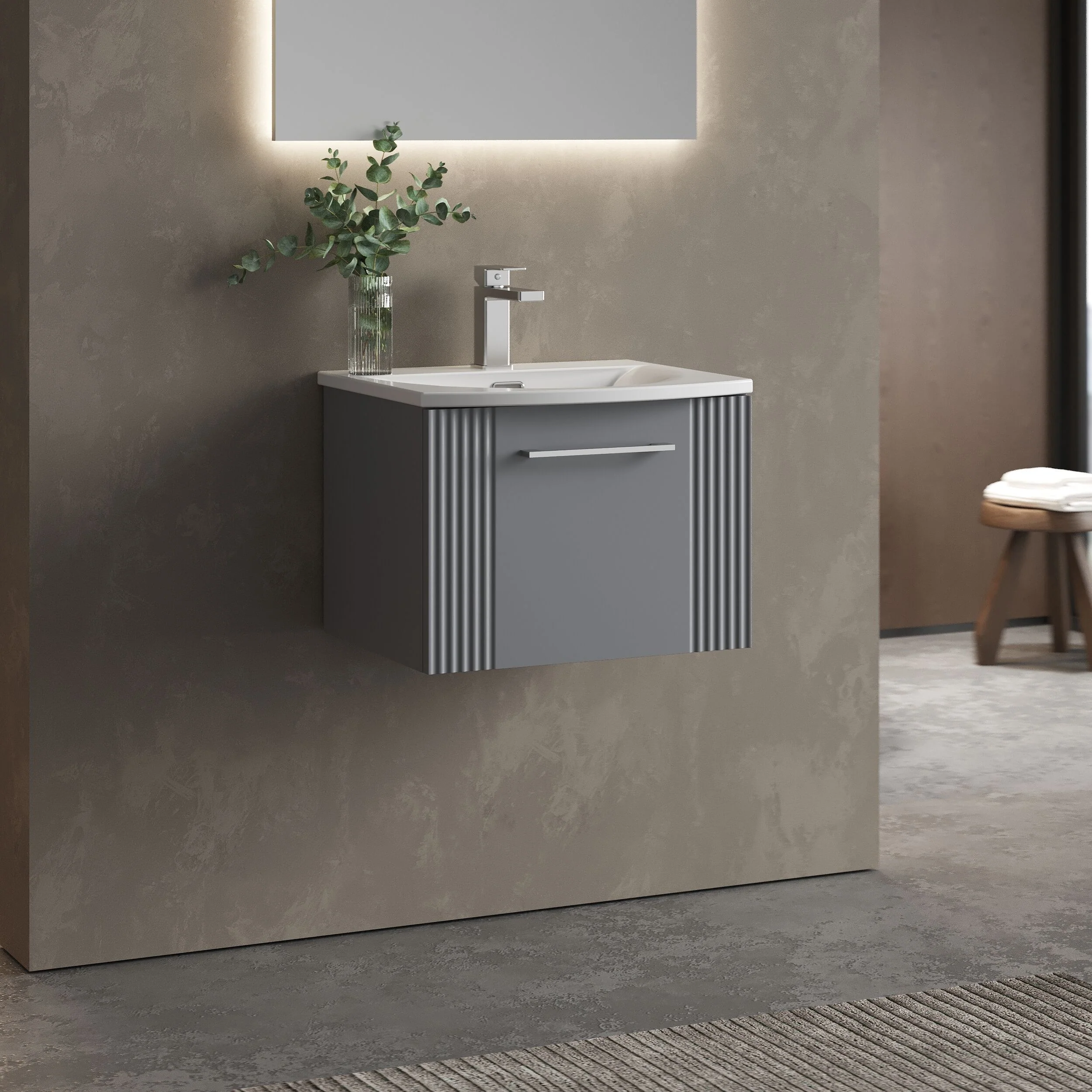 Partial Fluted 1 Drawer Wall Hung Vanity Unit with 1 Tap Hole Curved Basin- 500mm - Satin Grey - Image 4