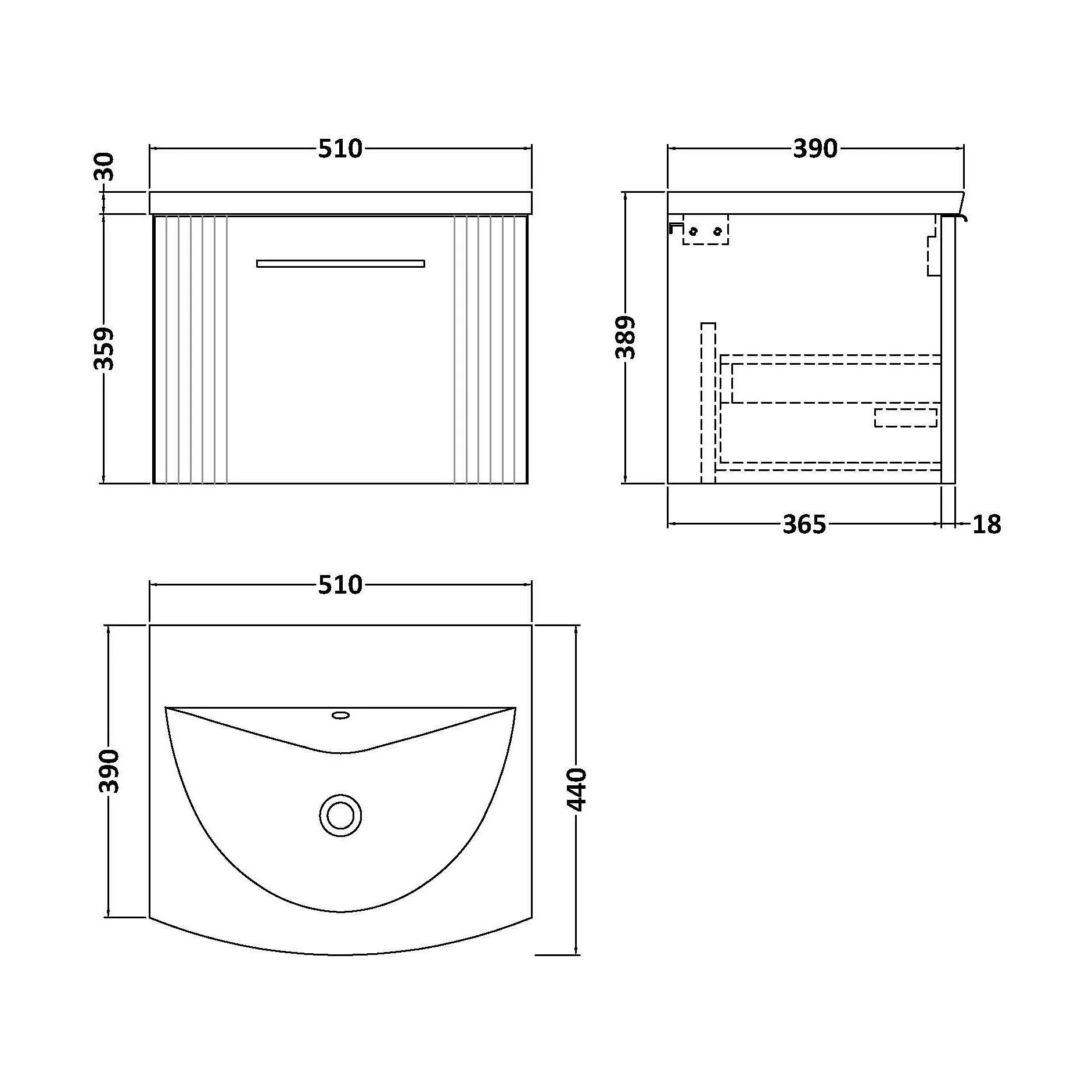 Partial Fluted 1 Drawer Wall Hung Vanity Unit with 1 Tap Hole Curved Basin- 500mm - Satin Grey - Image 5