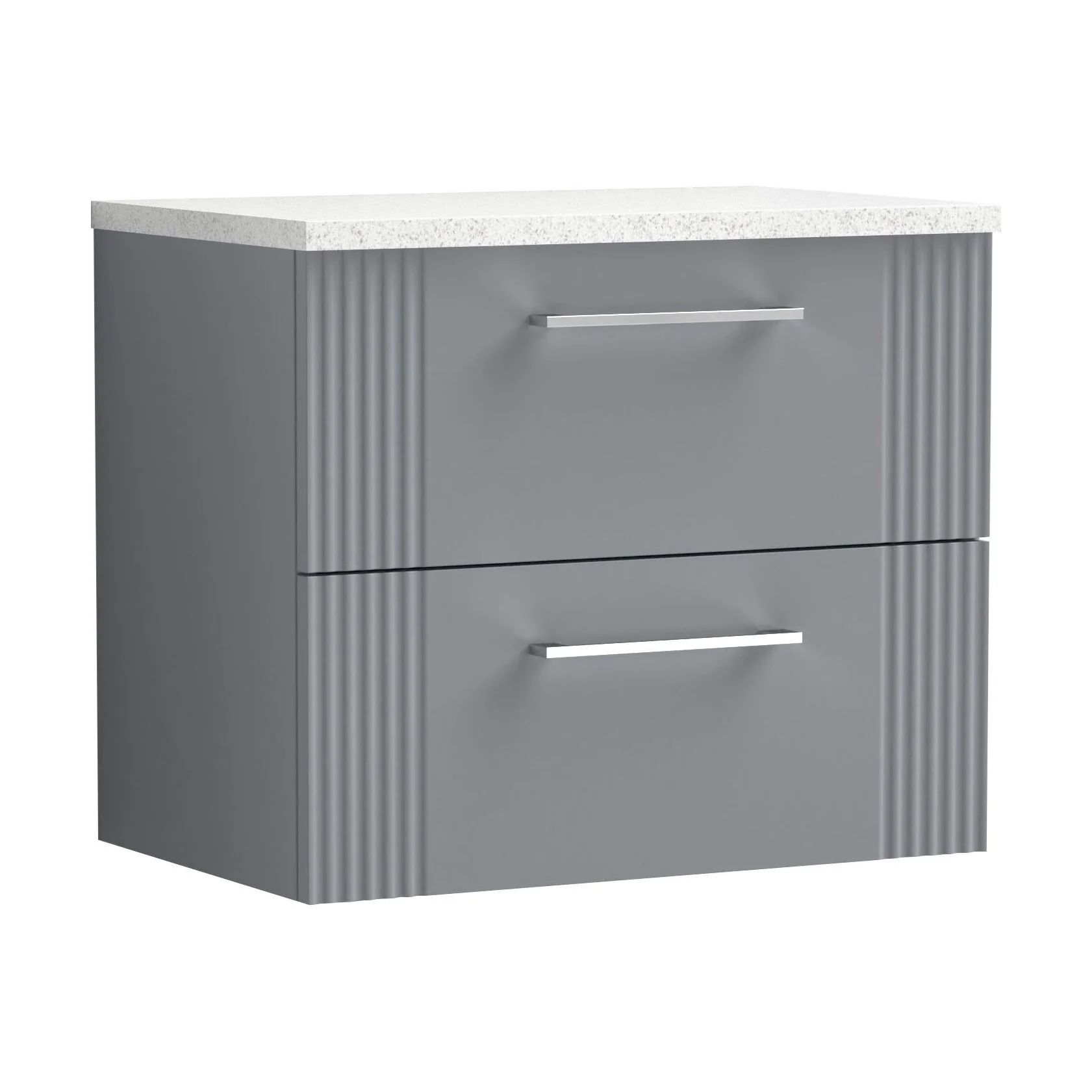 Partial Fluted 2 Drawer Wall Hung Vanity Unit with Sparkling White Laminate Worktop - 600mm - Satin Grey