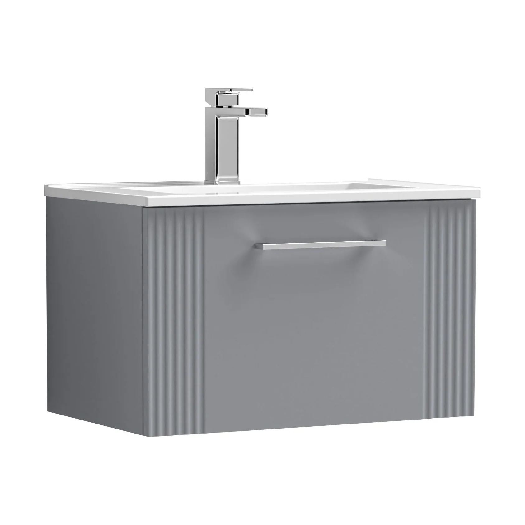 Partial Fluted 1 Drawer Wall Hung Vanity Unit with 1 Tap Hole Minimalist Basin - 600mm - Satin Grey