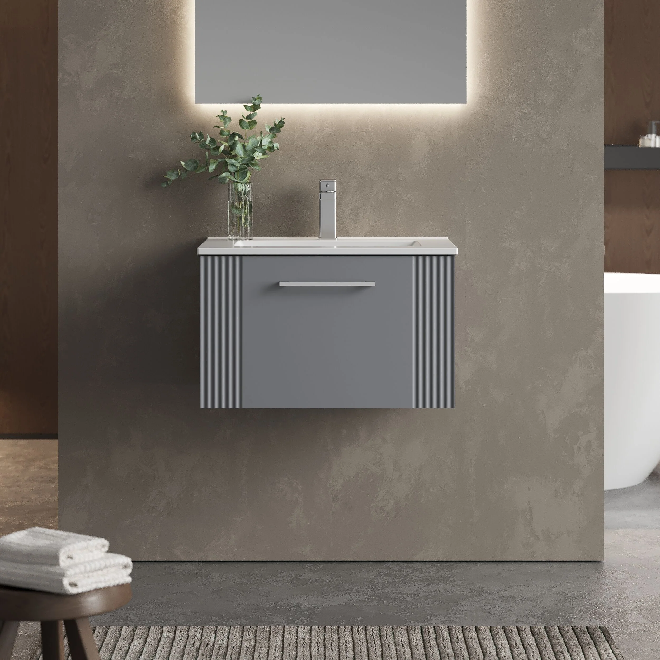 Partial Fluted 1 Drawer Wall Hung Vanity Unit with 1 Tap Hole Minimalist Basin - 600mm - Satin Grey - Image 2