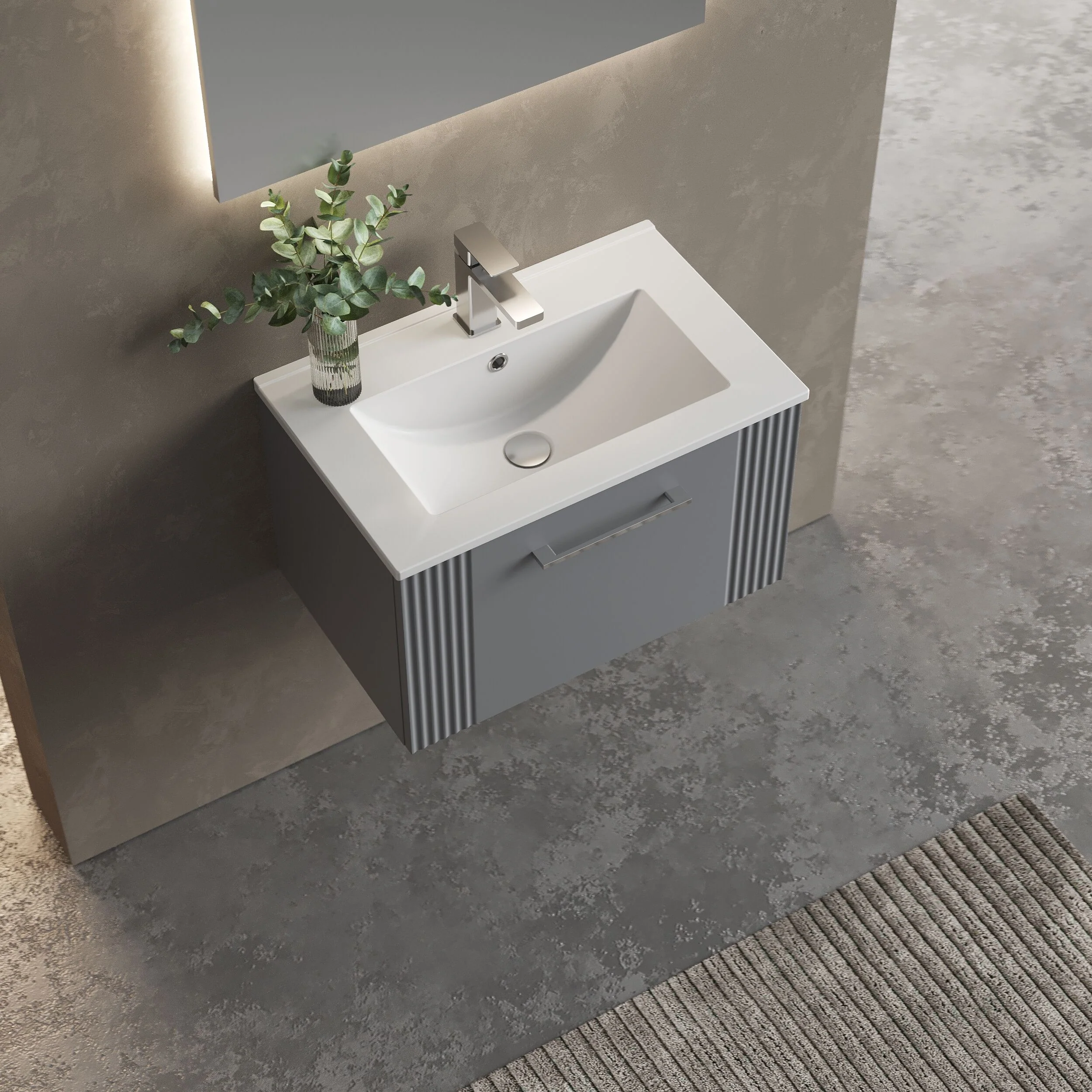 Partial Fluted 1 Drawer Wall Hung Vanity Unit with 1 Tap Hole Minimalist Basin - 600mm - Satin Grey - Image 3