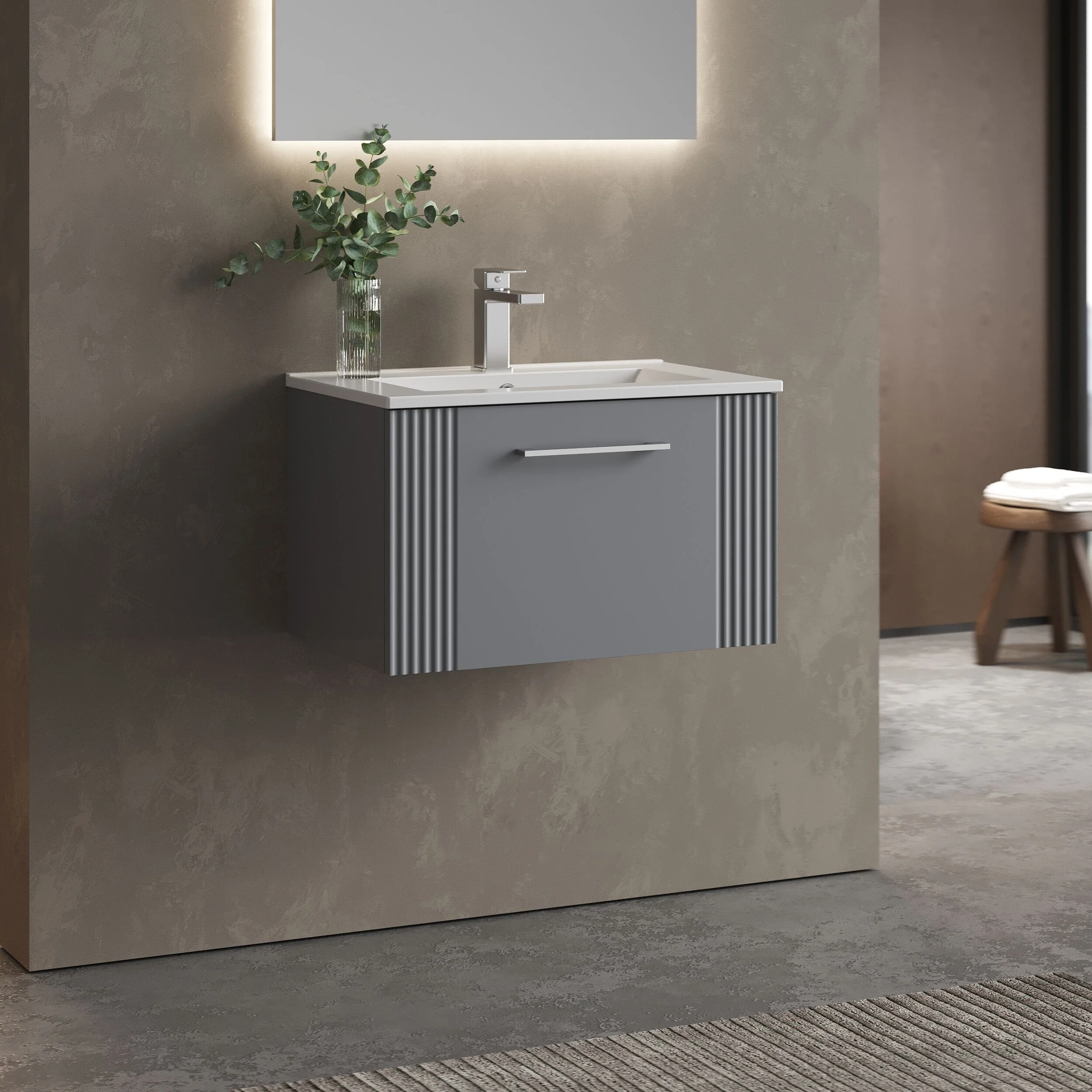 Partial Fluted 1 Drawer Wall Hung Vanity Unit with 1 Tap Hole Minimalist Basin - 600mm - Satin Grey - Image 4