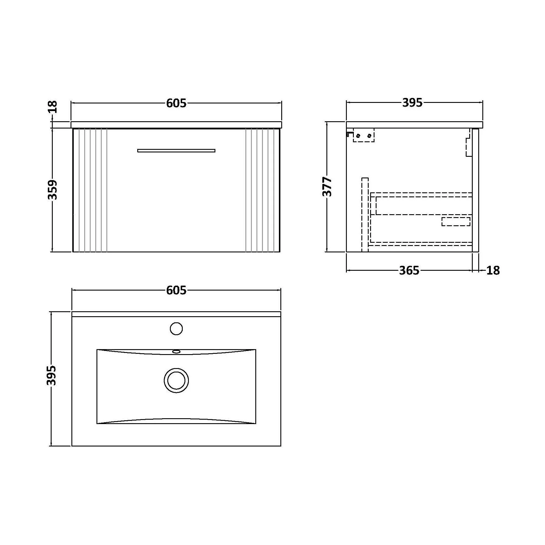 Partial Fluted 1 Drawer Wall Hung Vanity Unit with 1 Tap Hole Minimalist Basin - 600mm - Satin Grey - Image 5