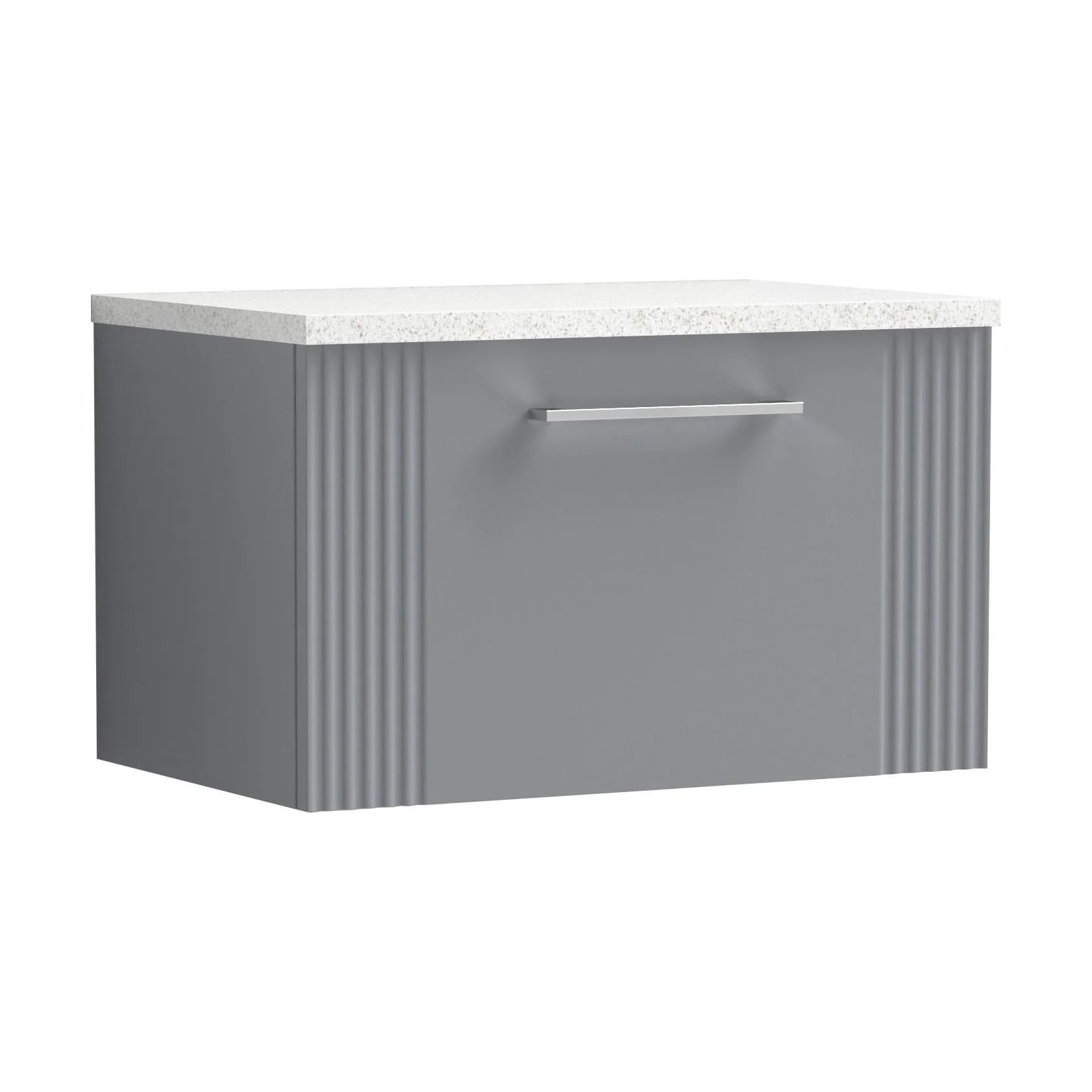 Partial Fluted 1 Drawer Wall Hung Vanity Unit with Sparkling White Laminate Worktop - 600mm - Satin Grey