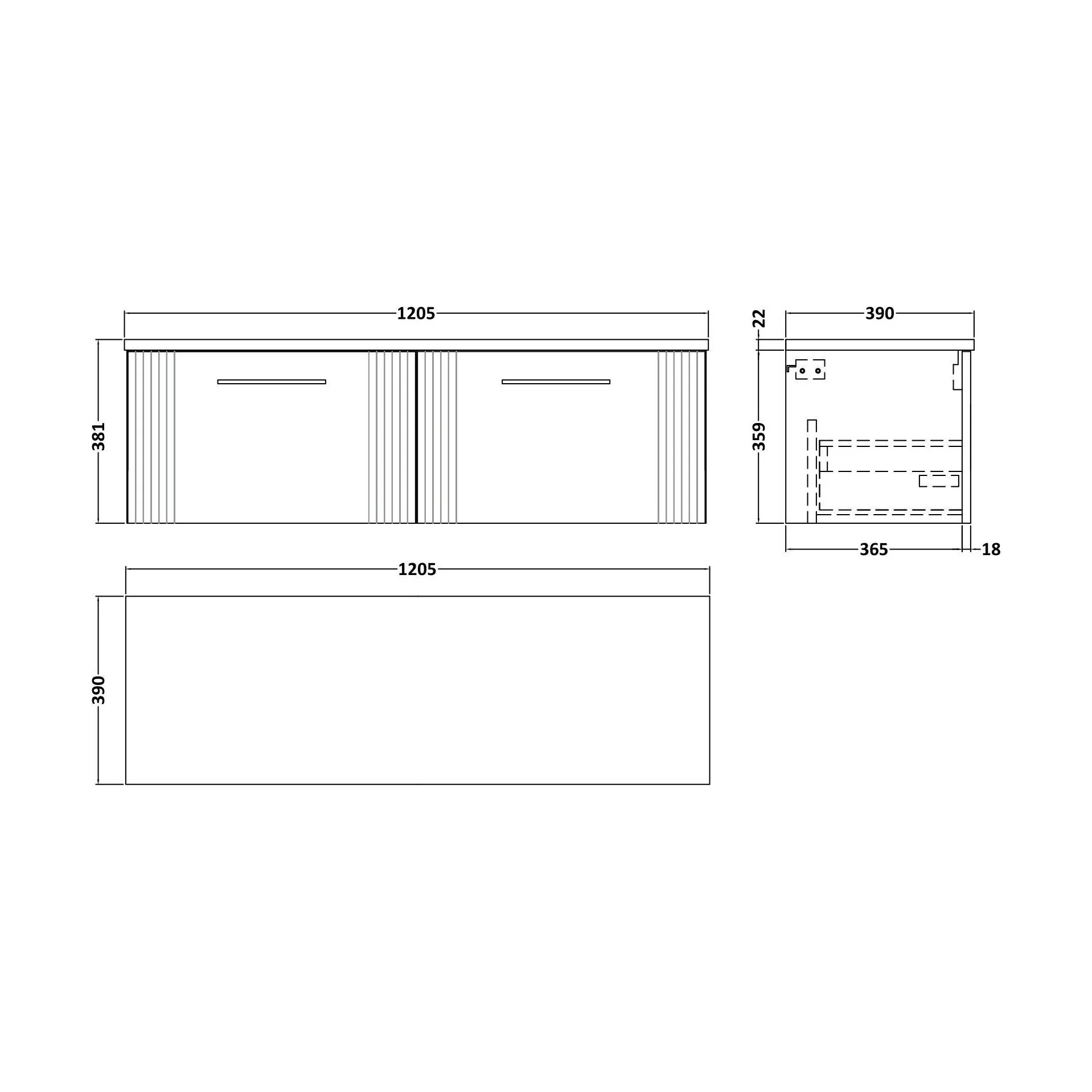 Partial Fluted 2 Drawer Wall Hung Vanity Unit with Sparkling White Laminate Worktop - 1200mm - Satin Grey - Image 2
