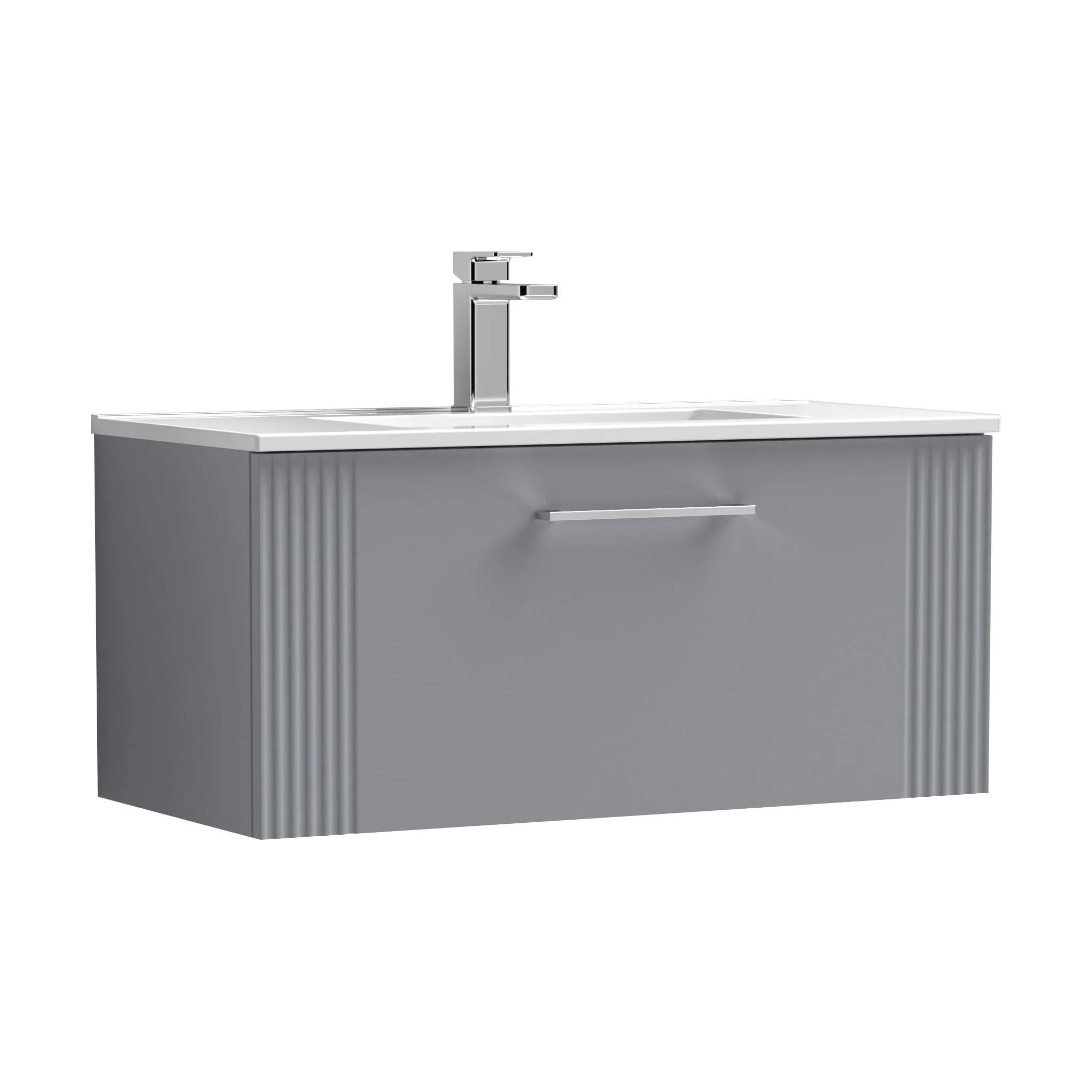 Partial Fluted 1 Drawer Wall Hung Vanity Unit with 1 Tap Hole Minimalist Basin - 800mm - Satin Grey