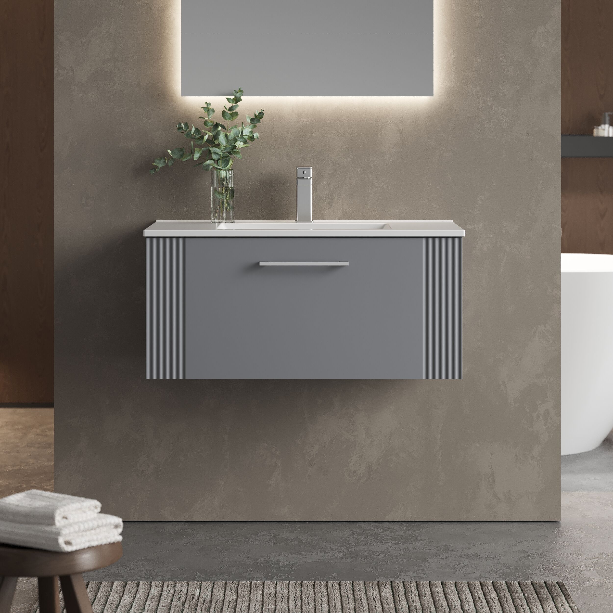 Partial Fluted 1 Drawer Wall Hung Vanity Unit with 1 Tap Hole Minimalist Basin - 800mm - Satin Grey - Image 2
