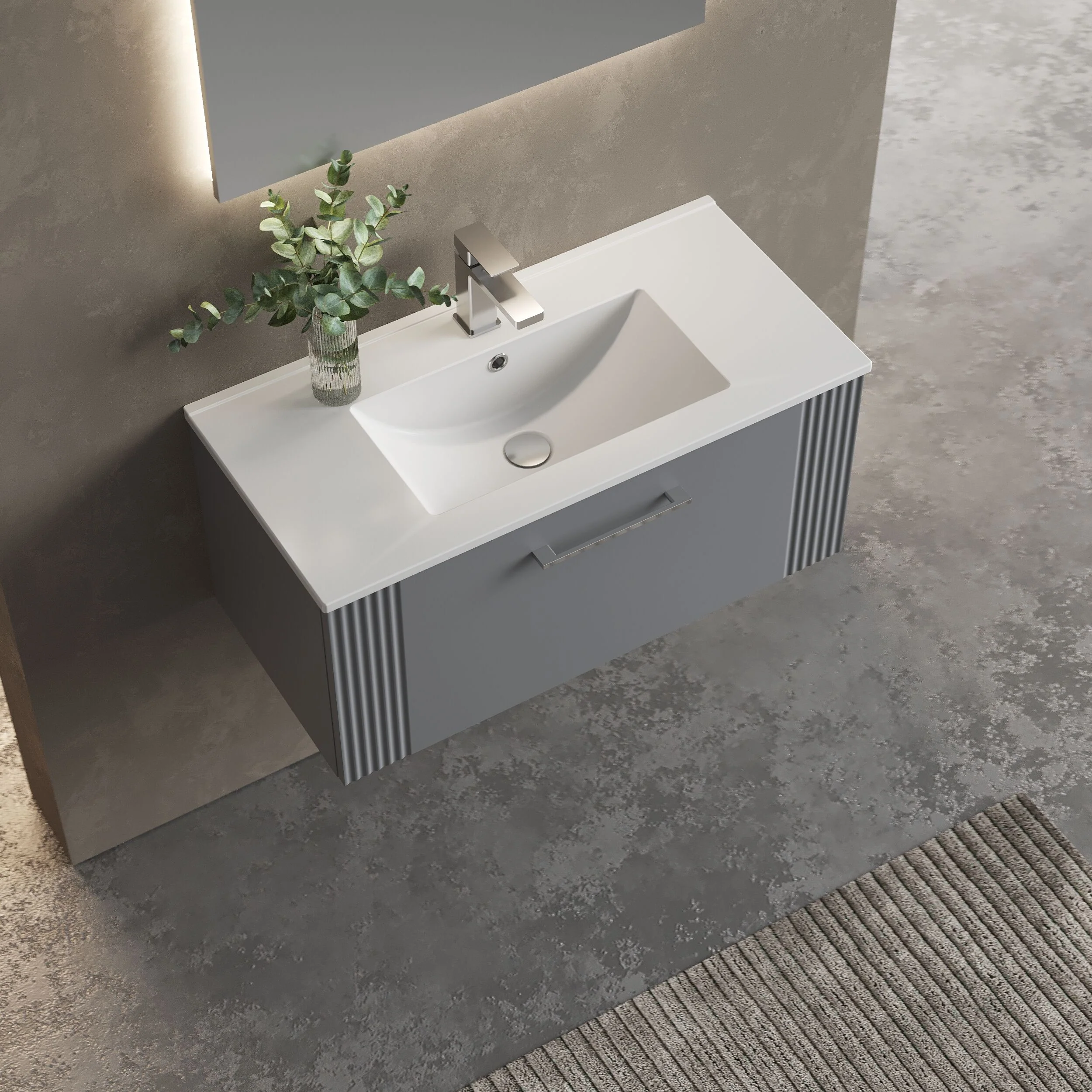Partial Fluted 1 Drawer Wall Hung Vanity Unit with 1 Tap Hole Minimalist Basin - 800mm - Satin Grey - Image 3