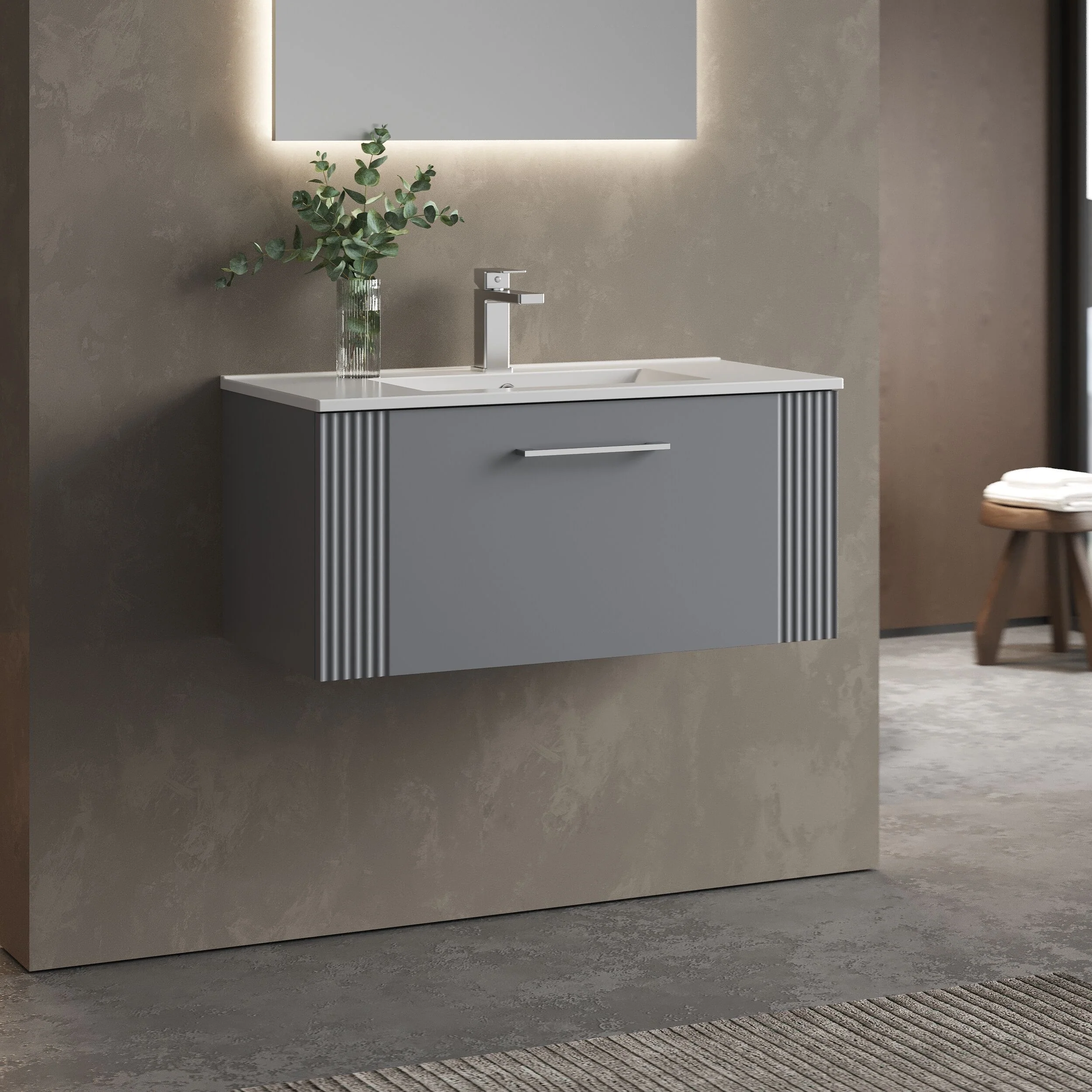 Partial Fluted 1 Drawer Wall Hung Vanity Unit with 1 Tap Hole Minimalist Basin - 800mm - Satin Grey - Image 4