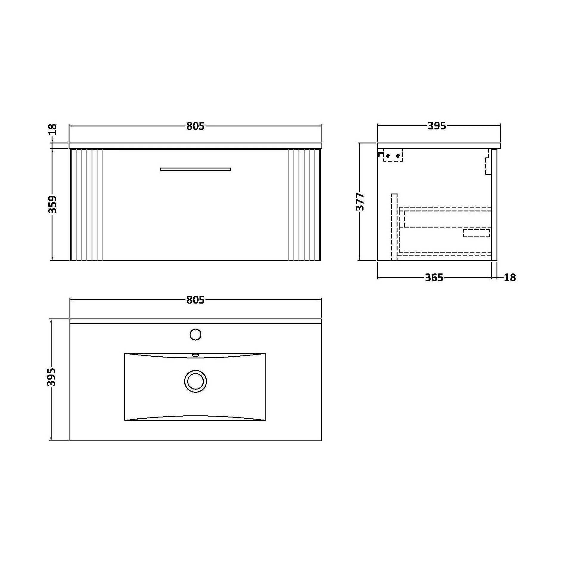 Partial Fluted 1 Drawer Wall Hung Vanity Unit with 1 Tap Hole Minimalist Basin - 800mm - Satin Grey - Image 5