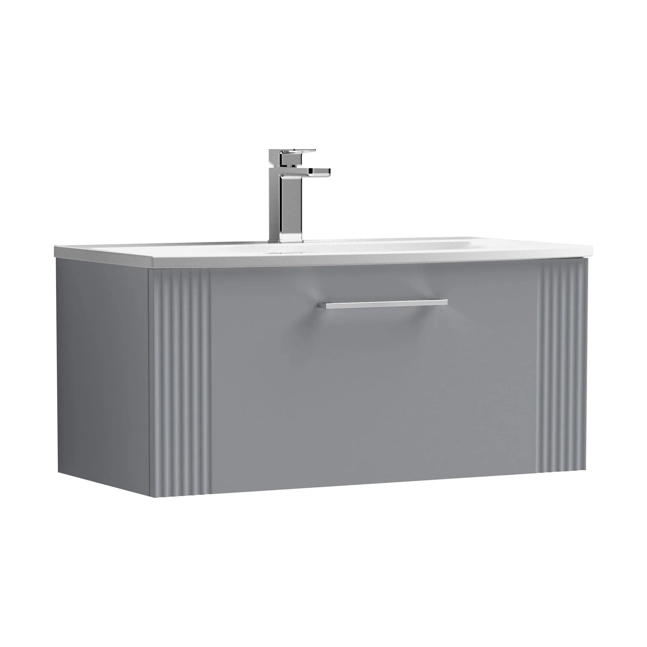Partial Fluted 1 Drawer Wall Hung Vanity Unit with 1 Tap Hole Curved Basin- 800mm - Satin Grey