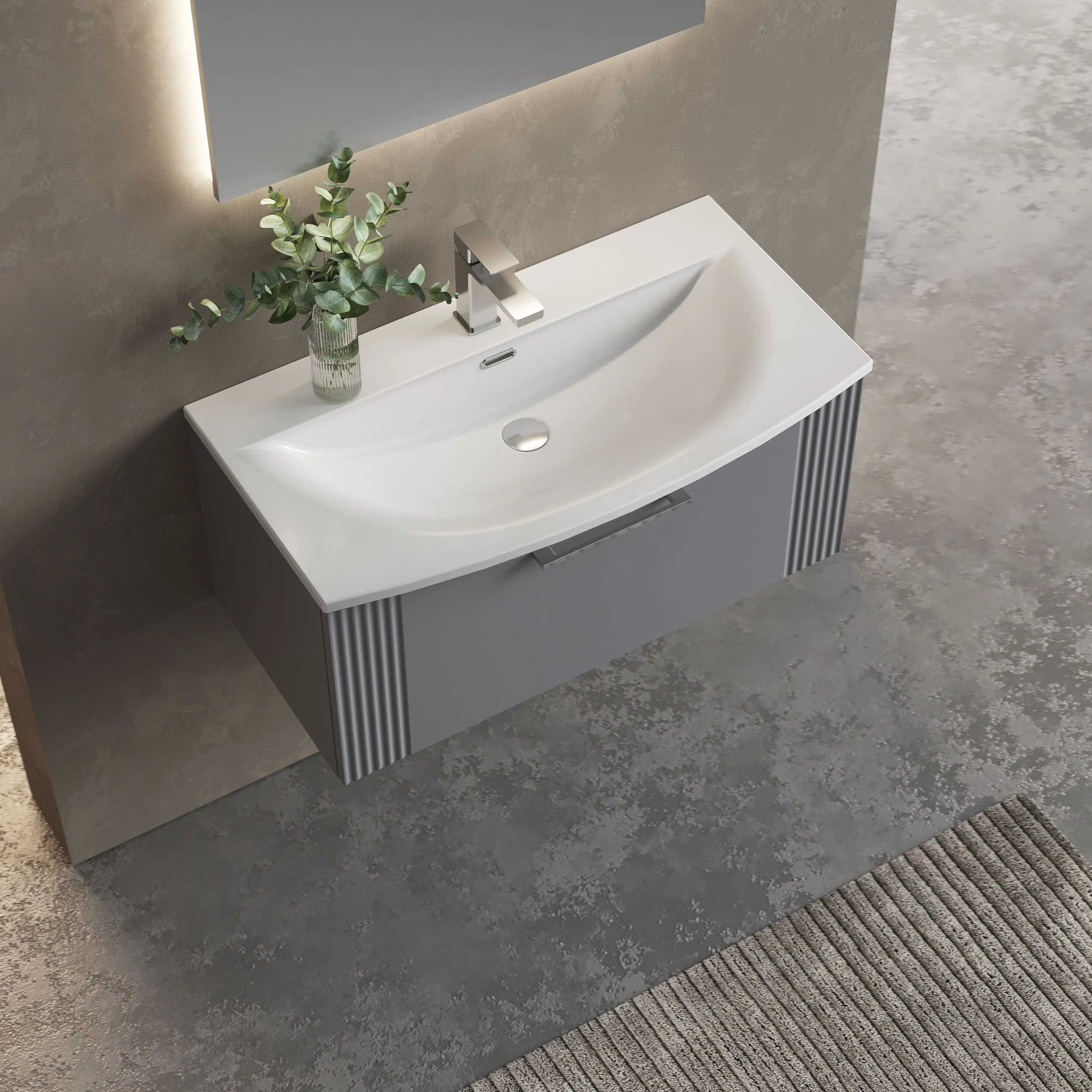 Partial Fluted 1 Drawer Wall Hung Vanity Unit with 1 Tap Hole Curved Basin- 800mm - Satin Grey - Image 3