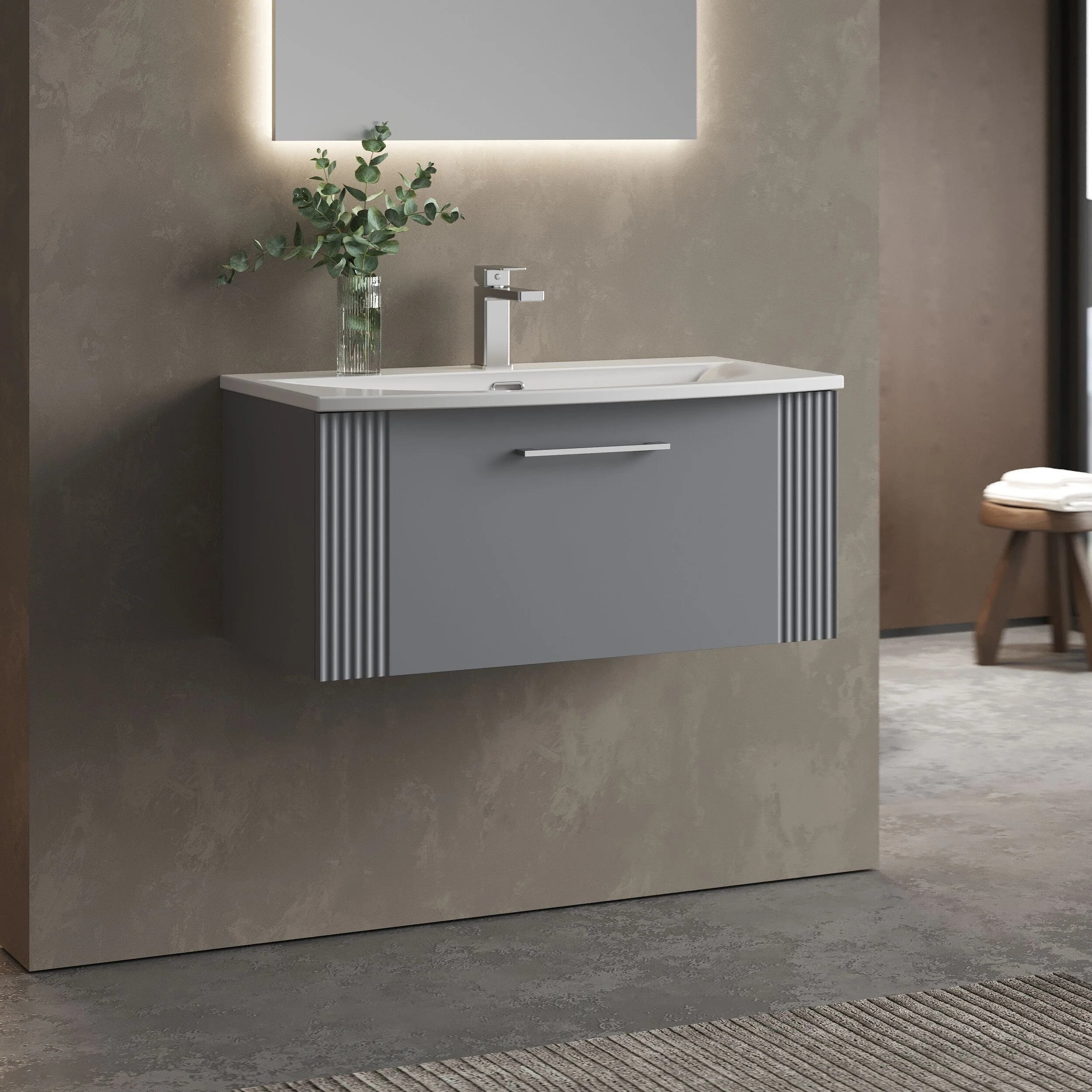 Partial Fluted 1 Drawer Wall Hung Vanity Unit with 1 Tap Hole Curved Basin- 800mm - Satin Grey - Image 4
