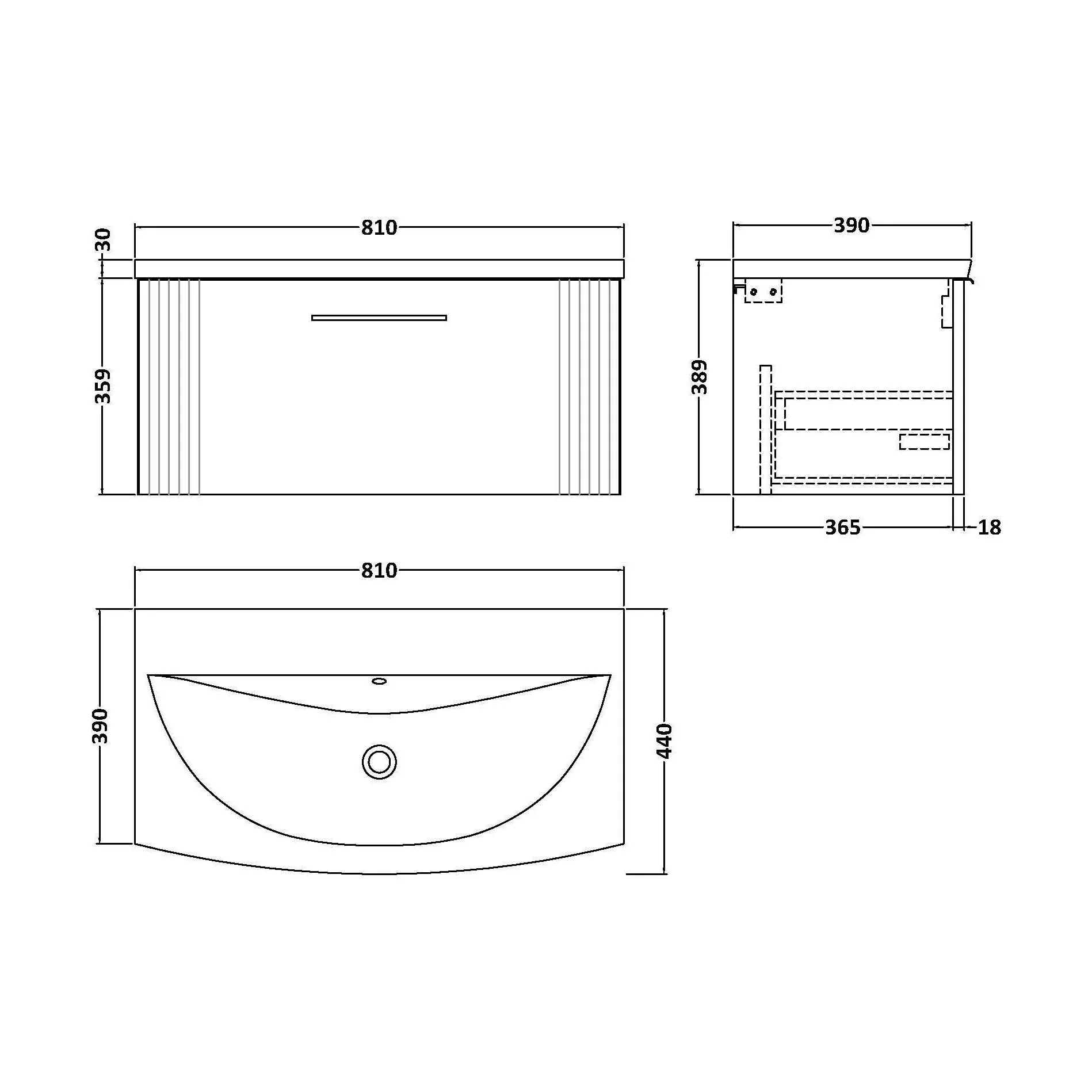 Partial Fluted 1 Drawer Wall Hung Vanity Unit with 1 Tap Hole Curved Basin- 800mm - Satin Grey - Image 5