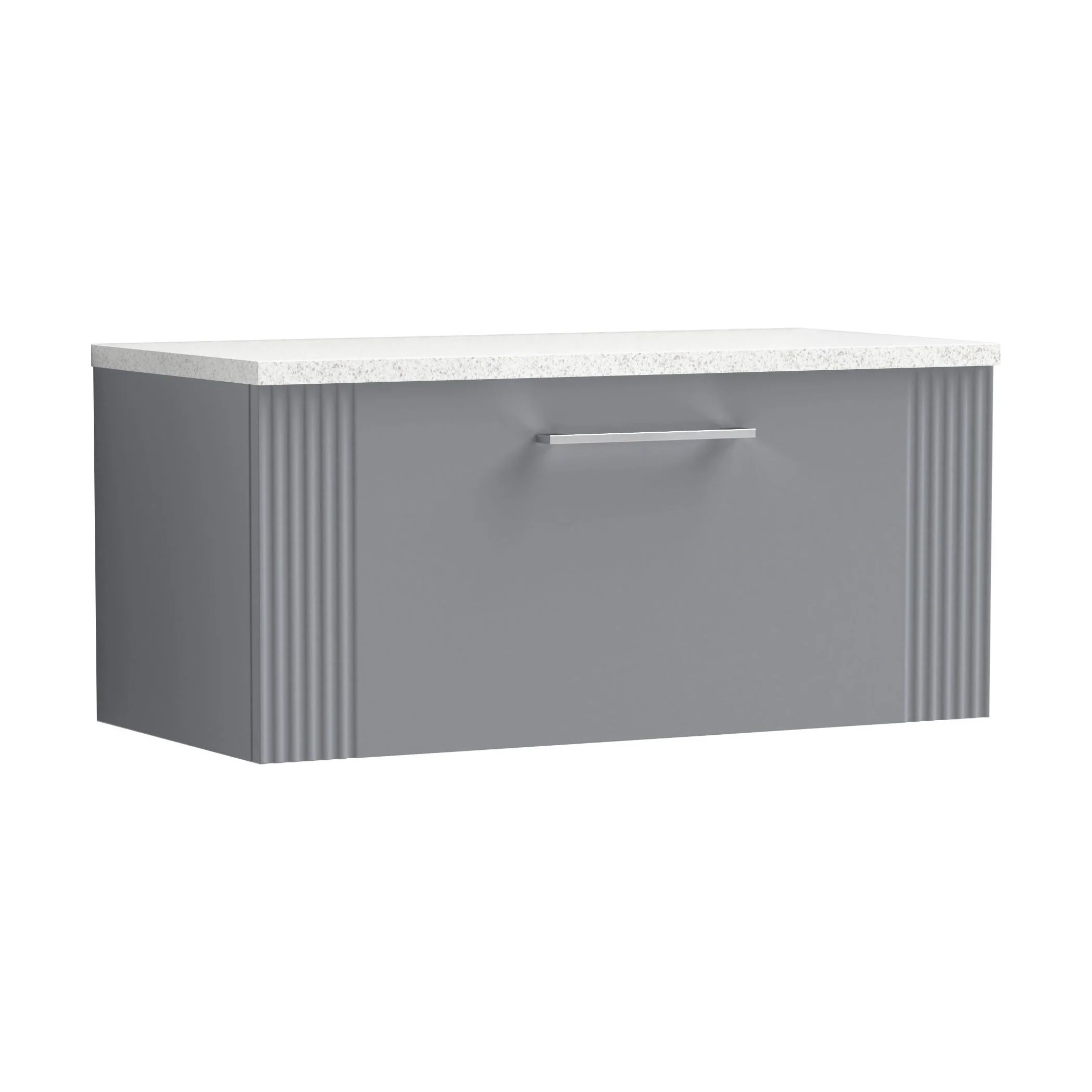Partial Fluted 1 Drawer Wall Hung Vanity Unit with Sparkling White Laminate Worktop - 800mm - Satin Grey