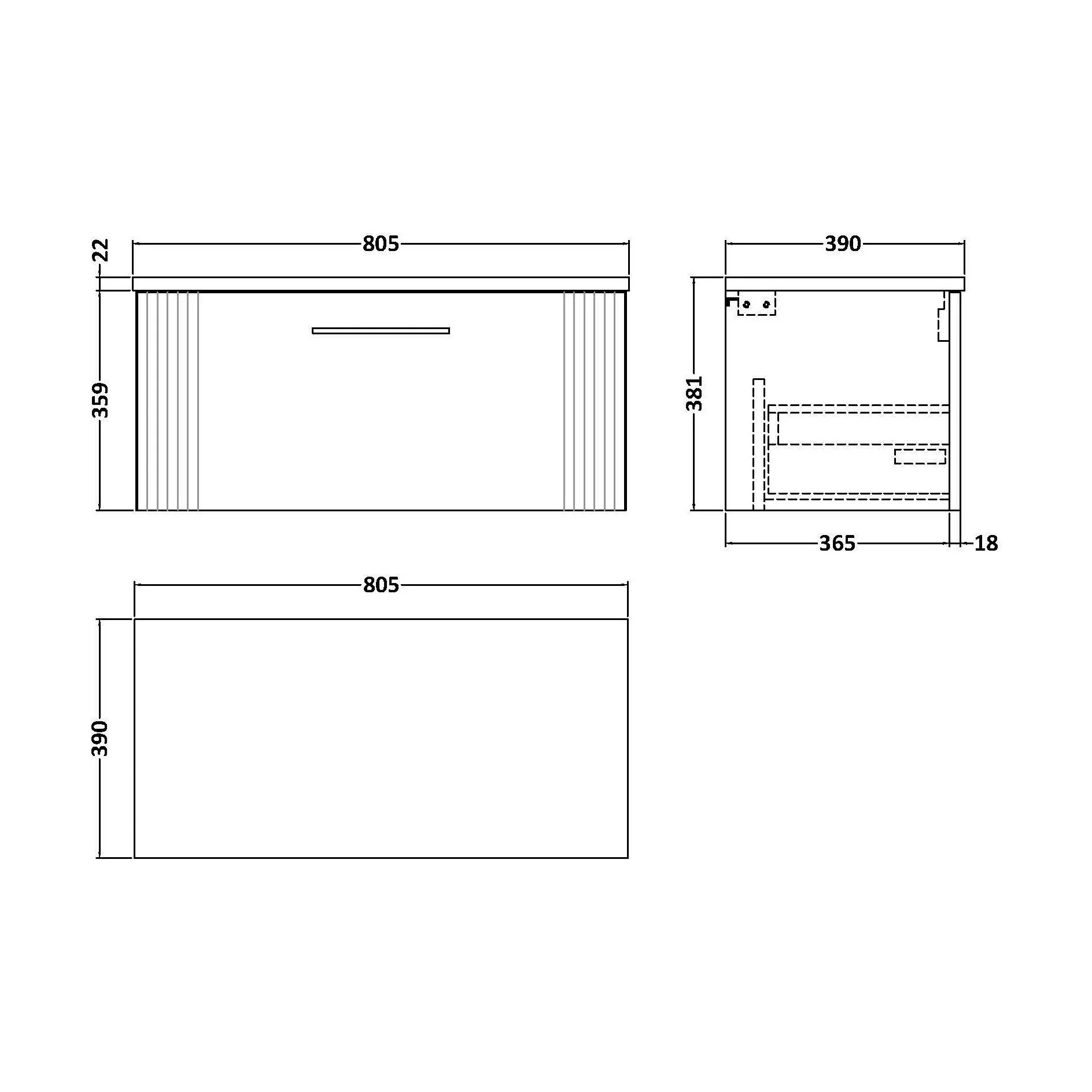 Partial Fluted 1 Drawer Wall Hung Vanity Unit with Sparkling White Laminate Worktop - 800mm - Satin Grey - Image 2