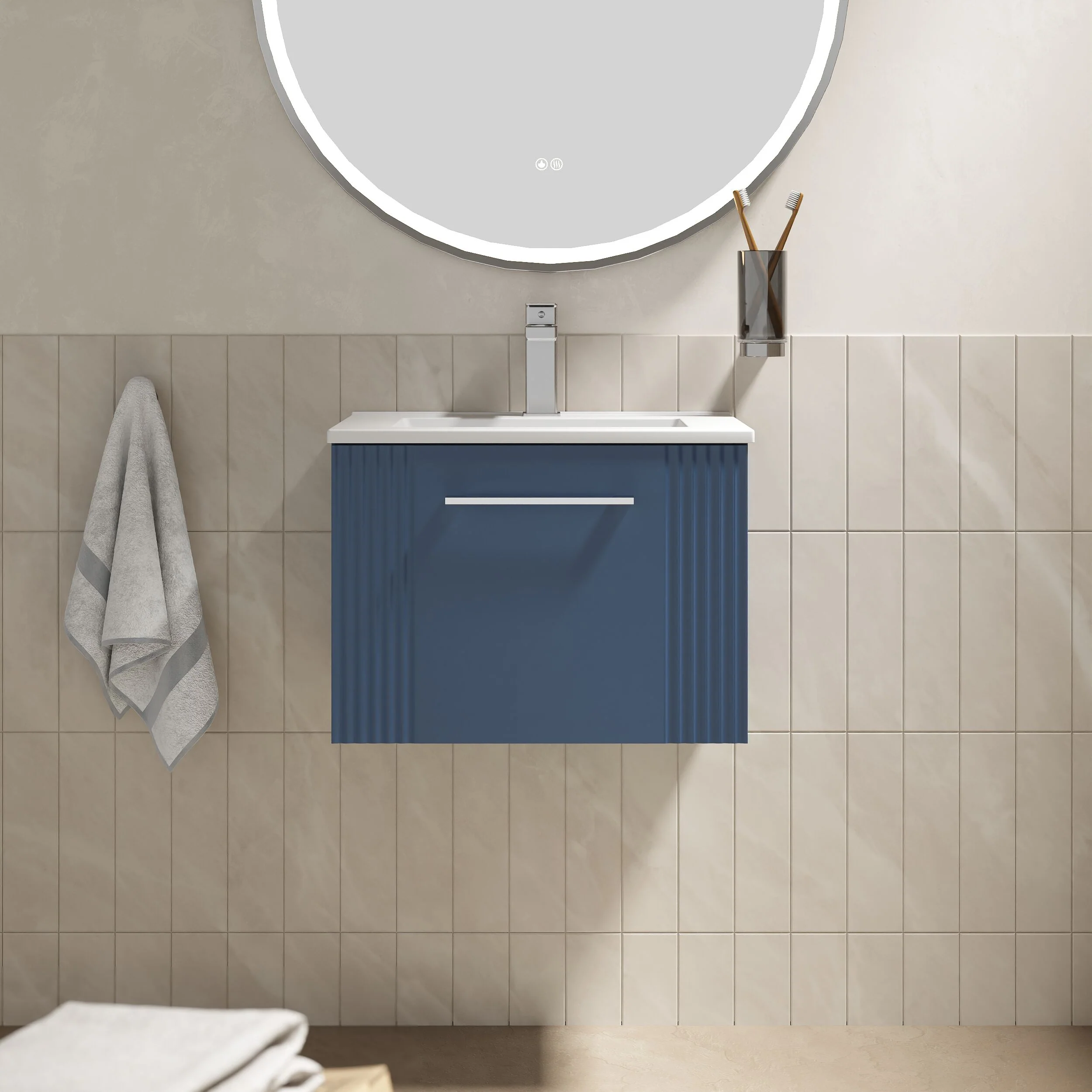 Partial Fluted 1 Drawer Wall Hung Vanity Unit with 1 Tap Hole Minimalist Basin - 500mm - Satin Blue - Image 2