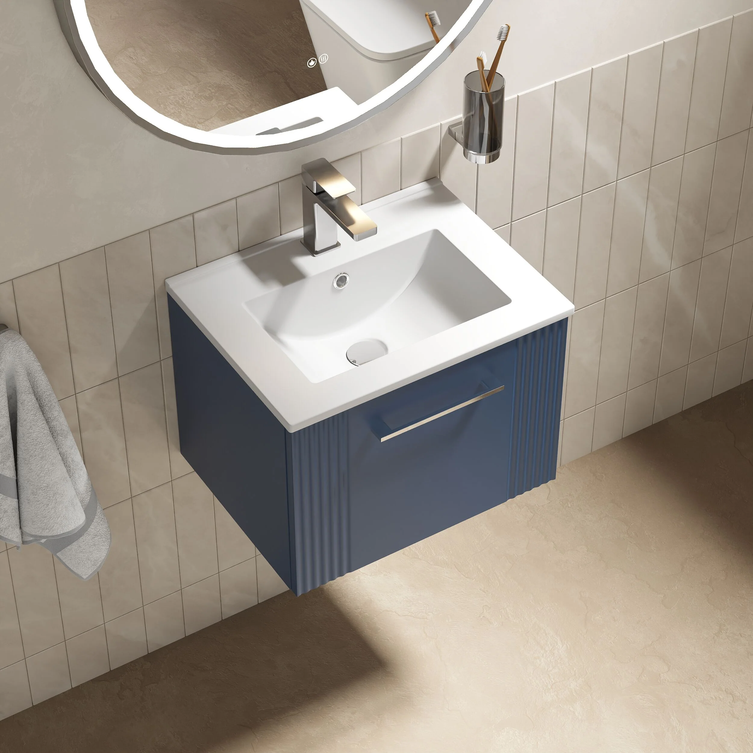 Partial Fluted 1 Drawer Wall Hung Vanity Unit with 1 Tap Hole Minimalist Basin - 500mm - Satin Blue - Image 3
