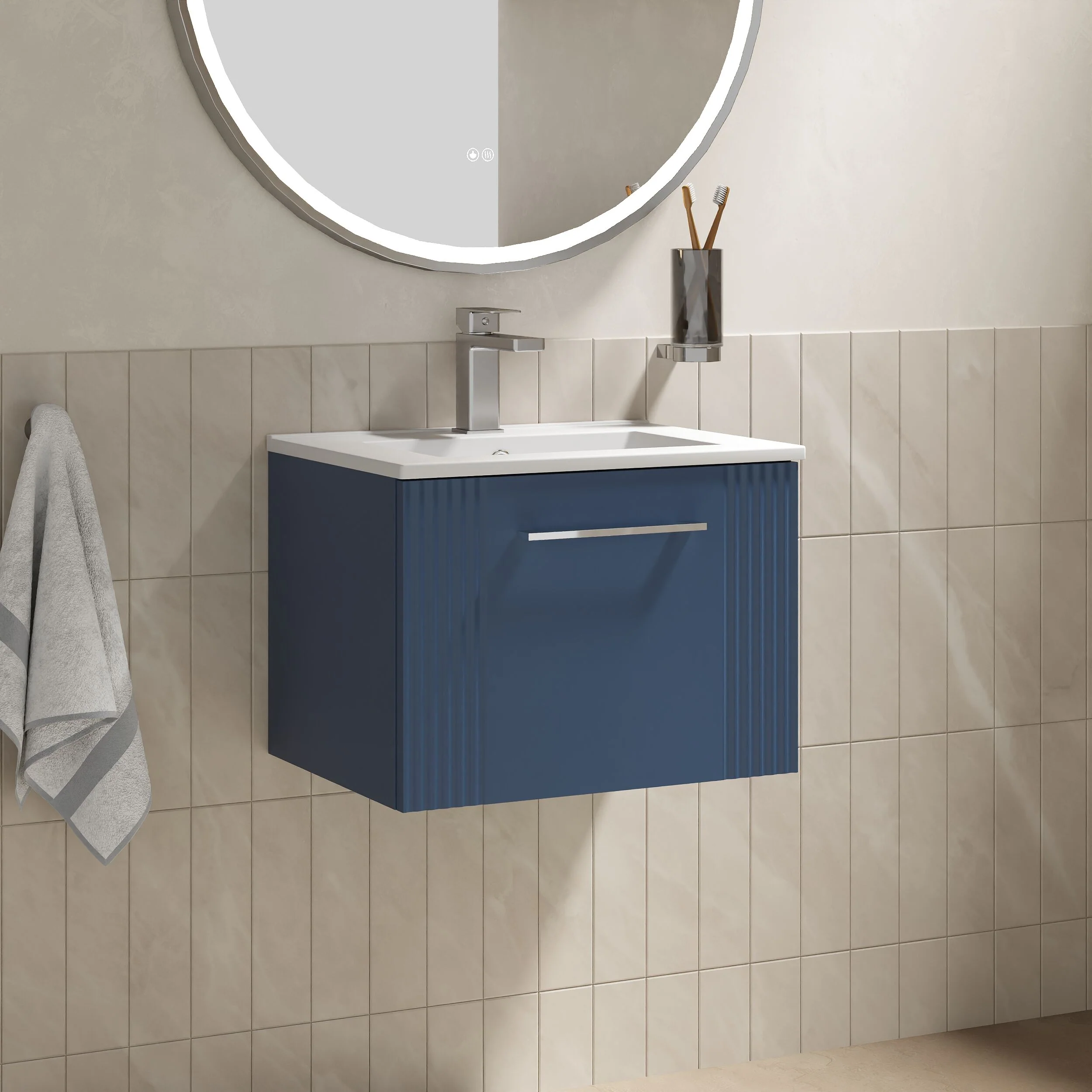 Partial Fluted 1 Drawer Wall Hung Vanity Unit with 1 Tap Hole Minimalist Basin - 500mm - Satin Blue - Image 4